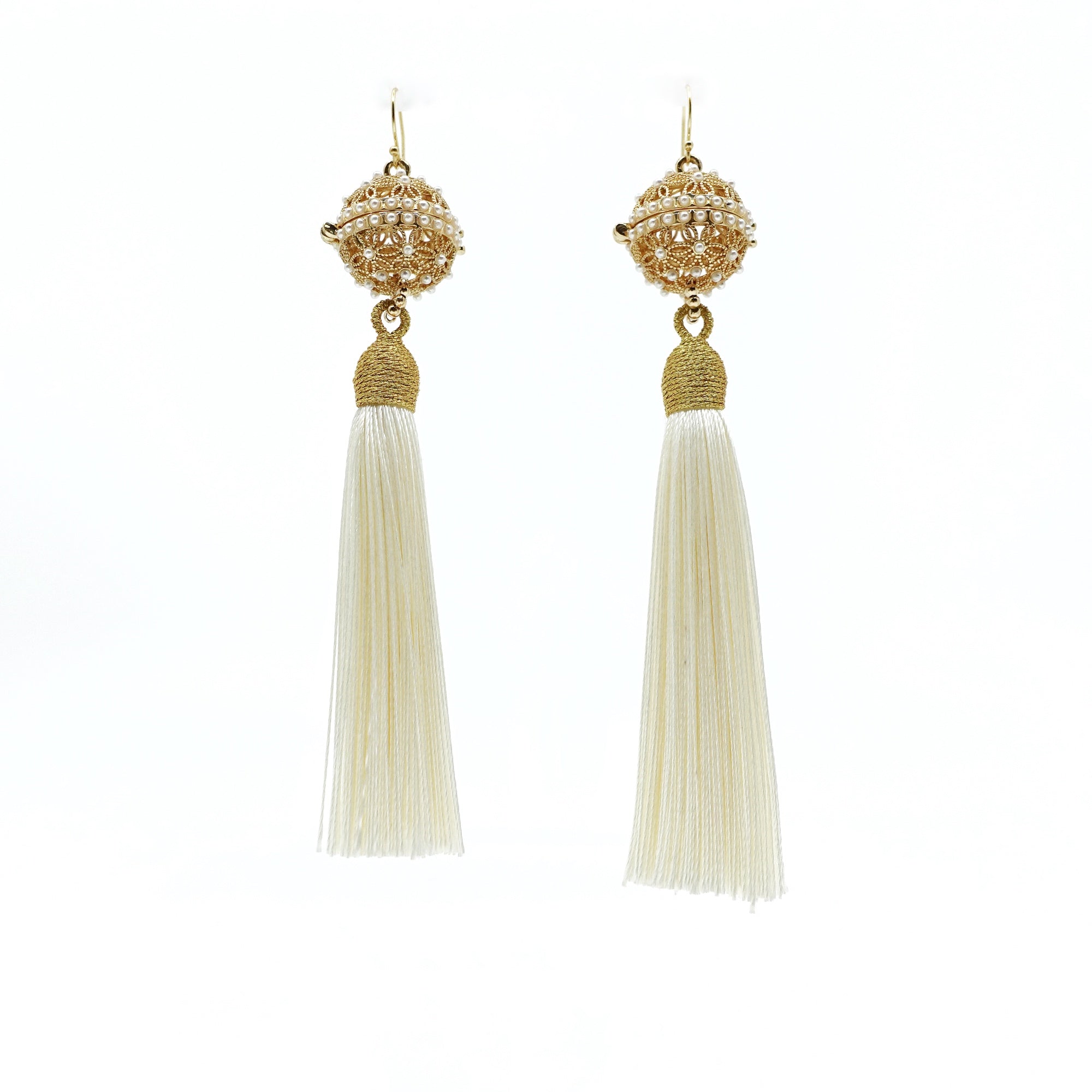 Herbal Locket Silk Tassel Earrings - Creamy White - Yun Boutique