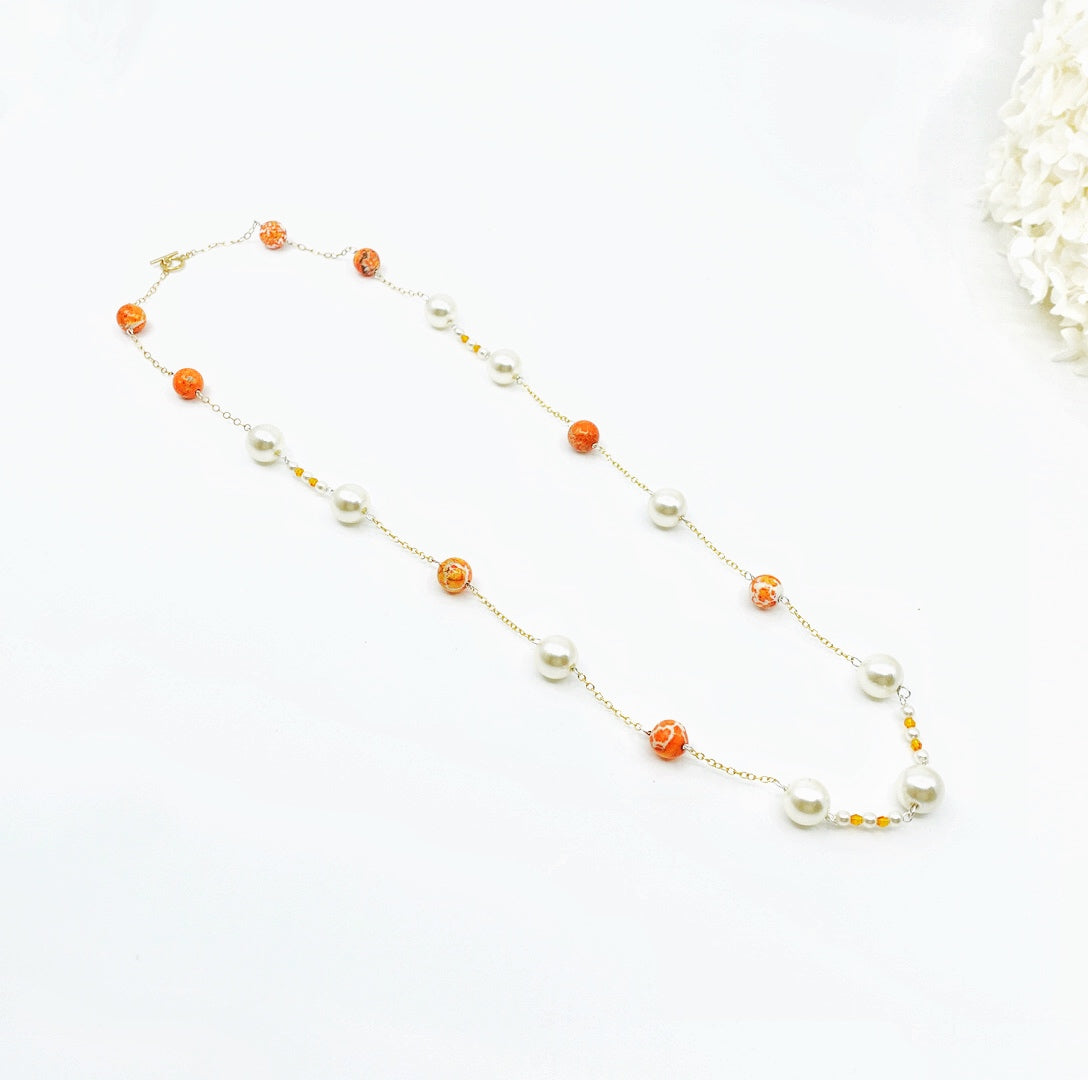 Orange Gemstone and Pearl Necklace and Earrings Set - Yun Boutique