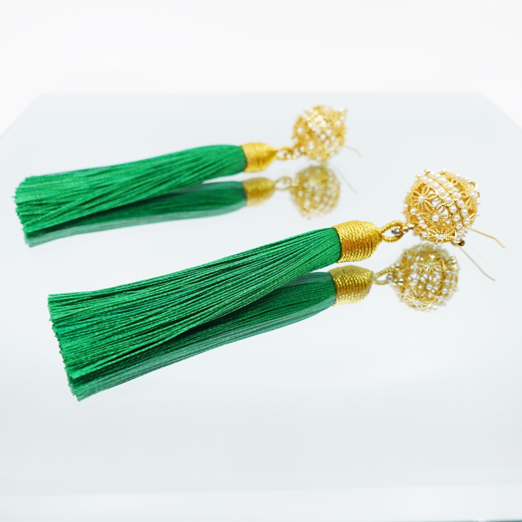 Herbal Locket Silk Tassel Earrings - Emerald Green - Yun Boutique