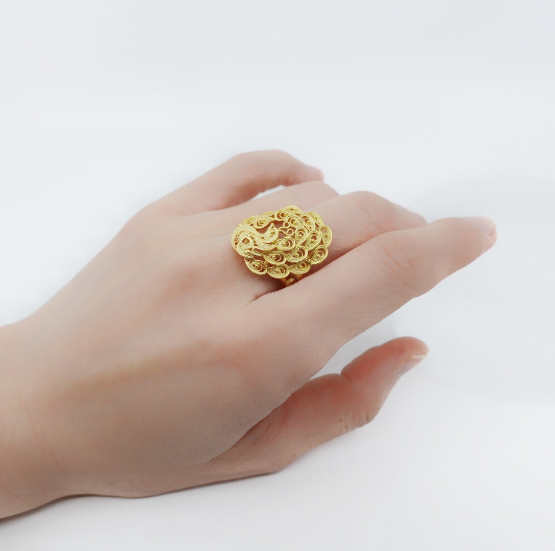 Vintage Style Filigree Phoenix Ring Gold, Filigree Ring, phoenix ring, Sterling silver ring, vintage ring, gold ring, cocktail ring, handmade ring, statement ring, gold ring for women, Asian ring, boutique ring, Yun Boutique Ring.