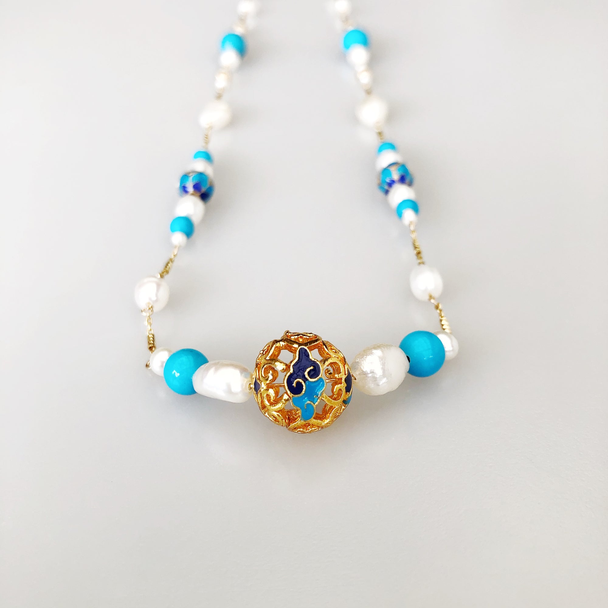 Auspicious Cloud Enamel and Gemstone Long Necklace