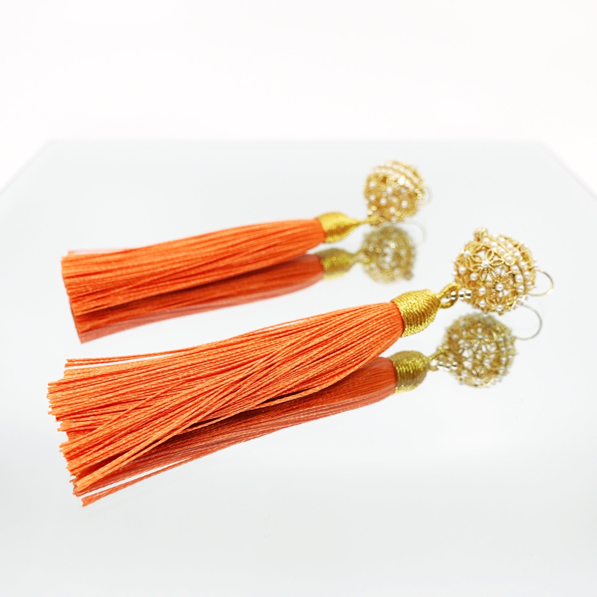 Herbal Locket Silk Tassel Earrings - Orange - Yun Boutique