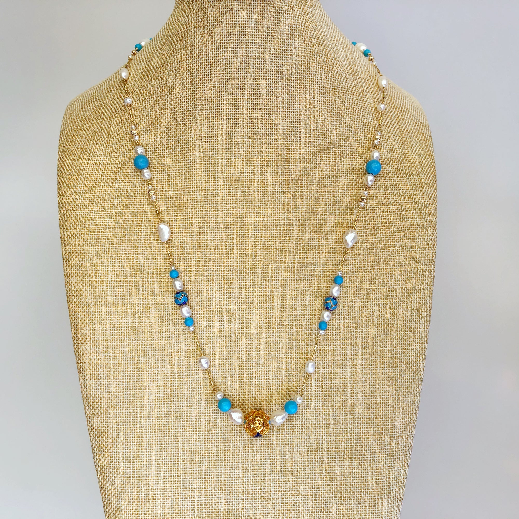 Auspicious Turquoise and Pearl Long Necklace - Yun Boutique