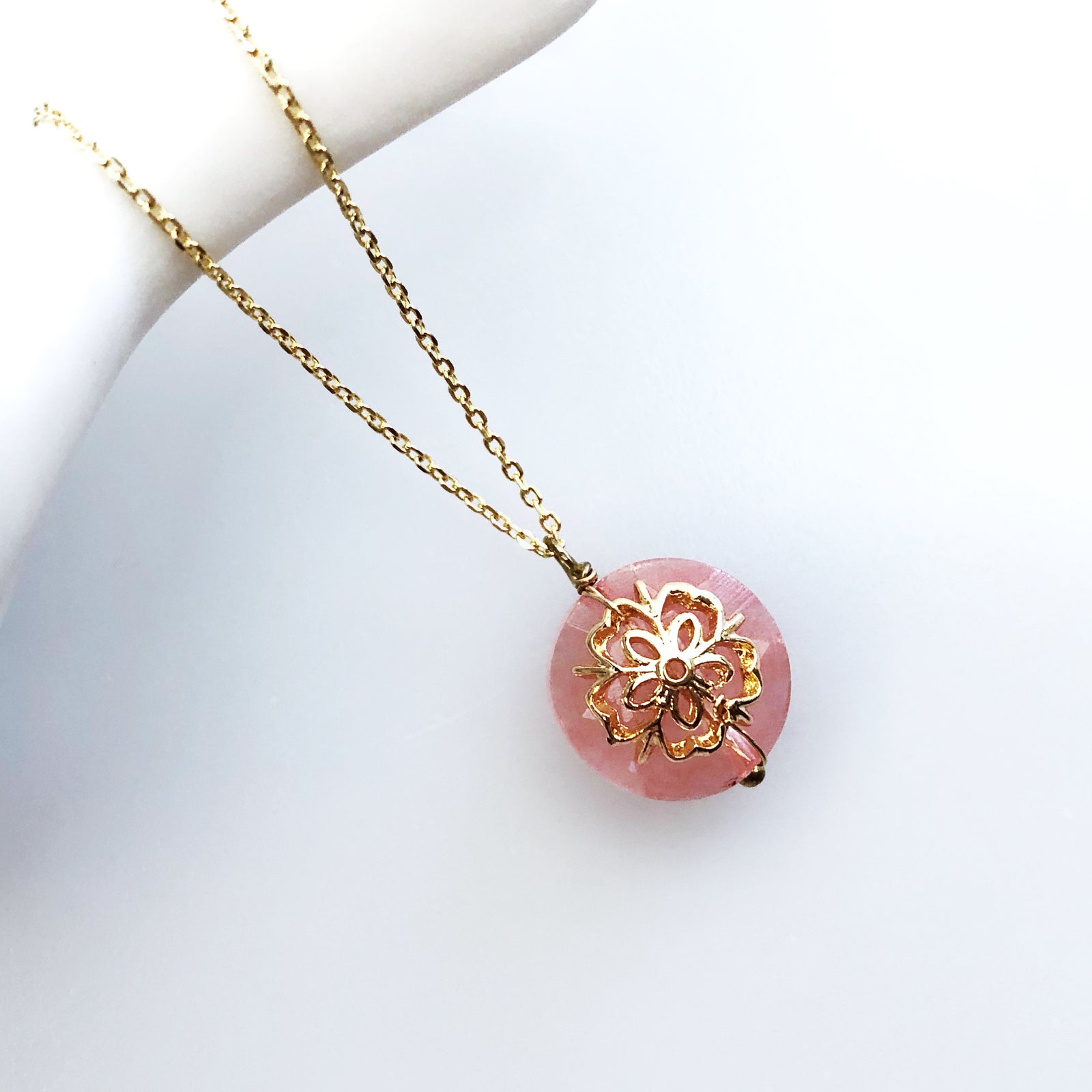 flower necklace, handmade necklace, pendant necklace, crystal necklace, gold filled necklace, plum blossom necklace, strawberry quartz necklace, quartz necklace, crystal pendant