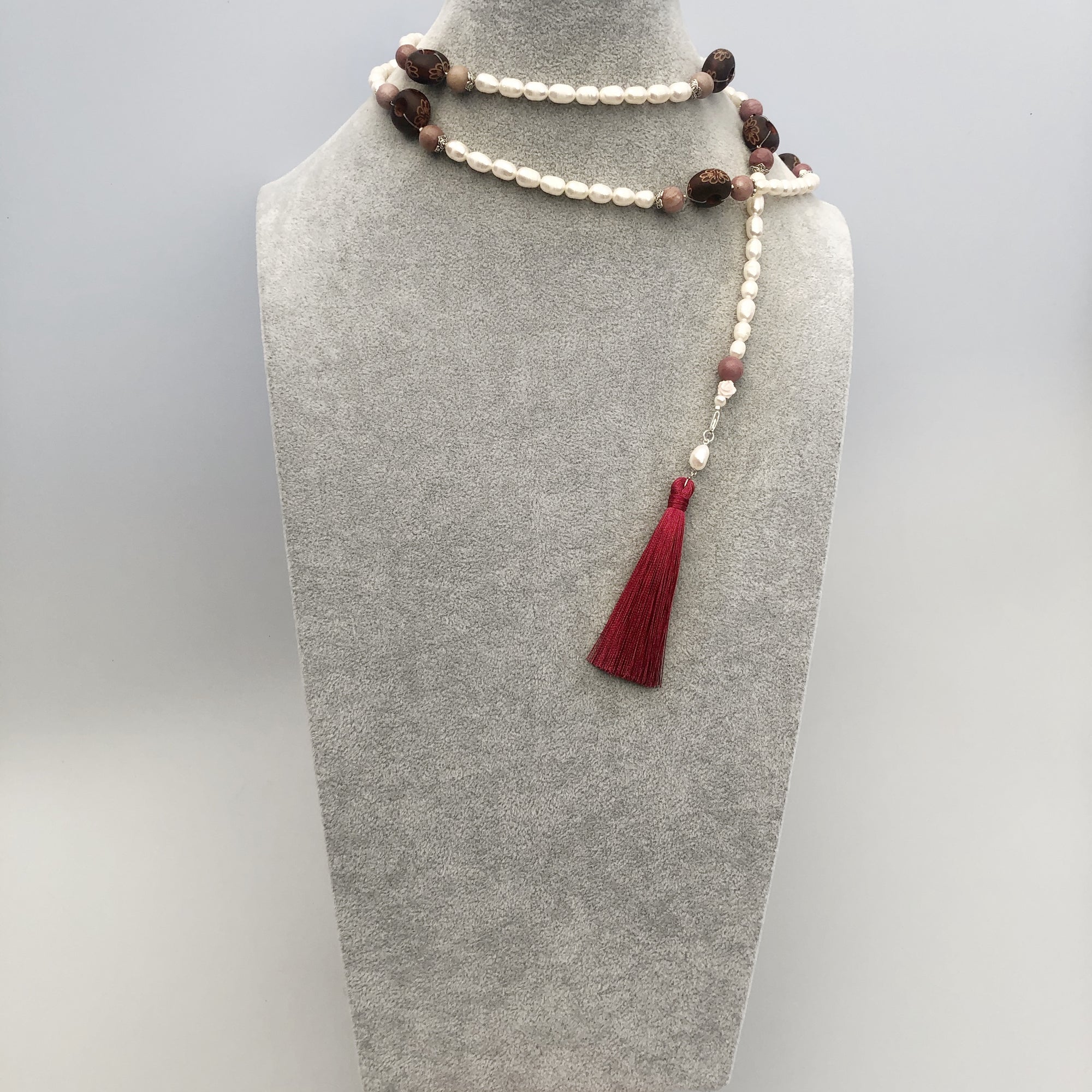 Multi-style Baroque Pearl Lariat Necklace Set with Red Tassels