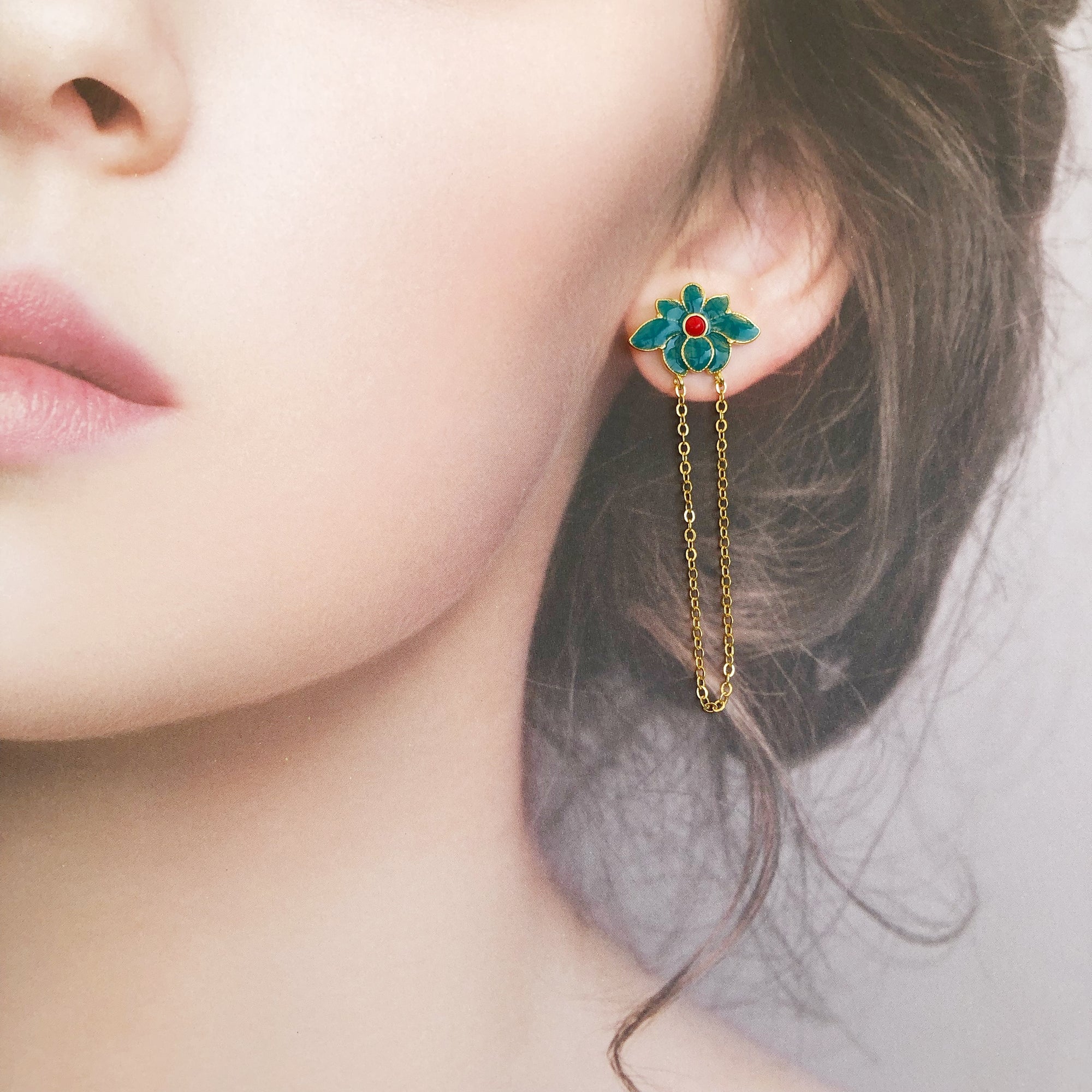 Yun Boutique Enamel Lotus Dangle Chain Earrings