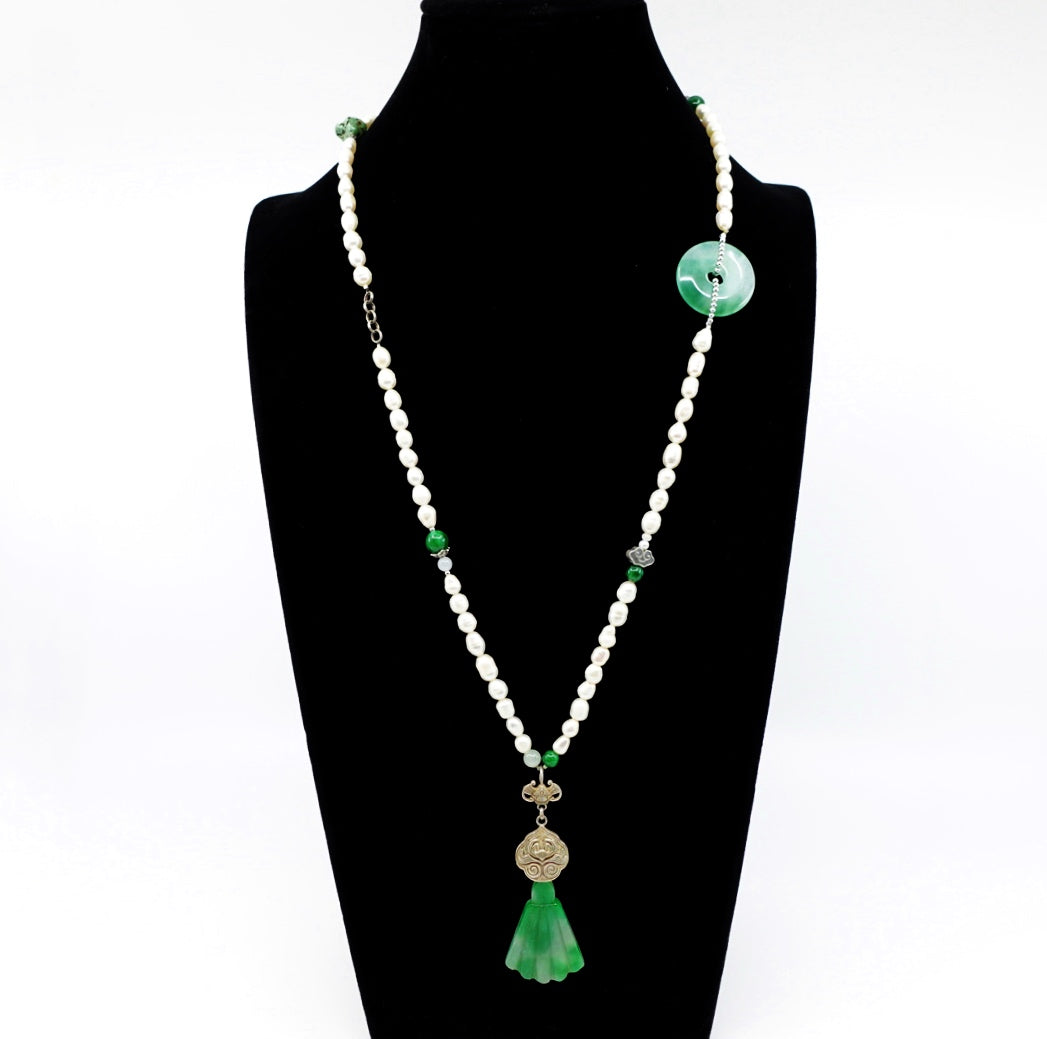 Lengthy Beaded Pearl Necklace with Jade Pendant - Yun Boutique