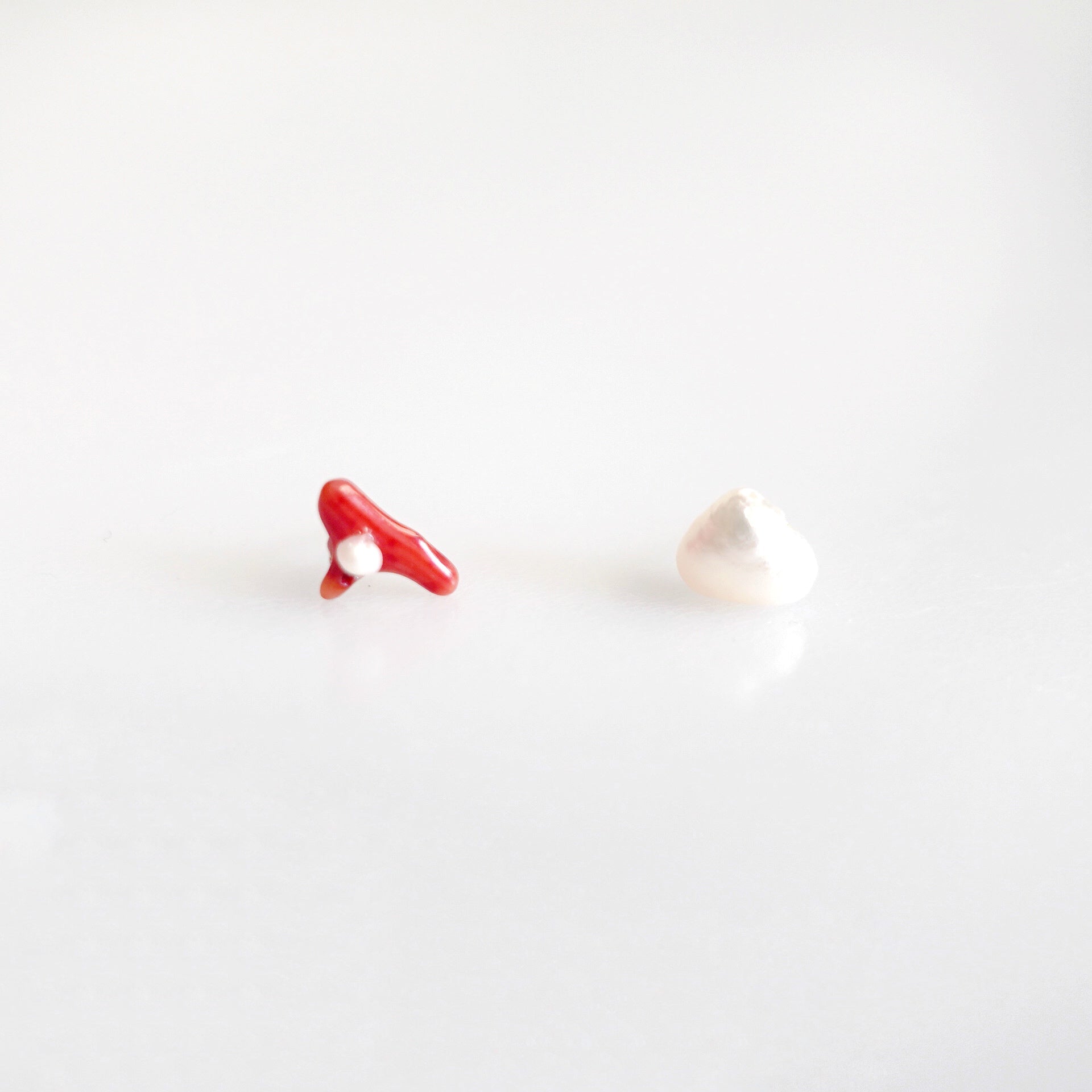 Natural Red Coral and Pearl Asymmetrical Studs - Yun Boutique