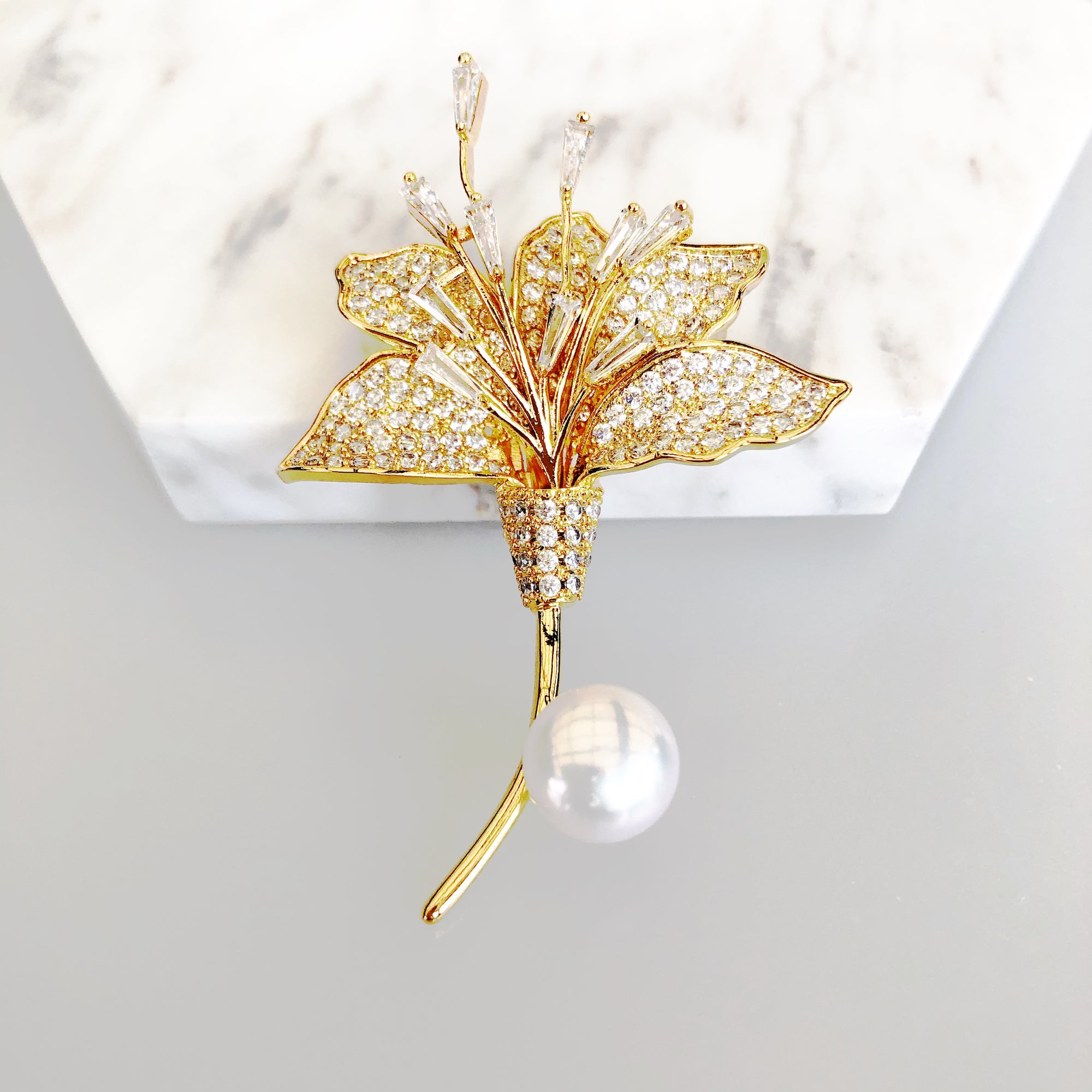 Gold Plated Lily Zircon Brooch Pendant