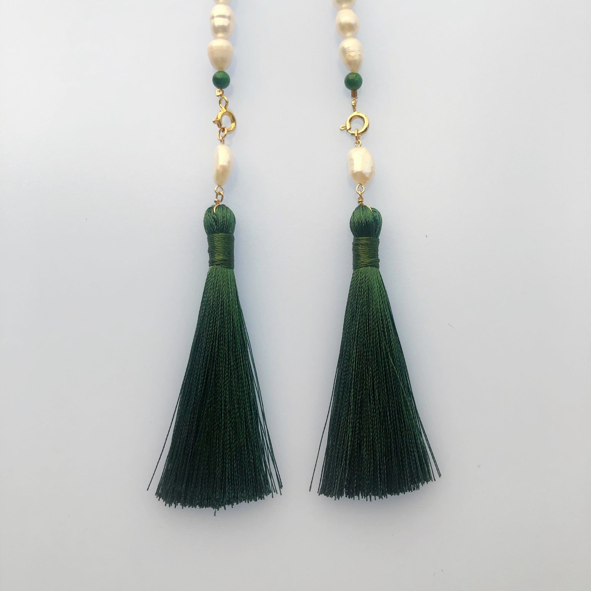 Return to Origin Beaded Pearl Lariat Necklace Set with Green Tassels - Yun Boutique