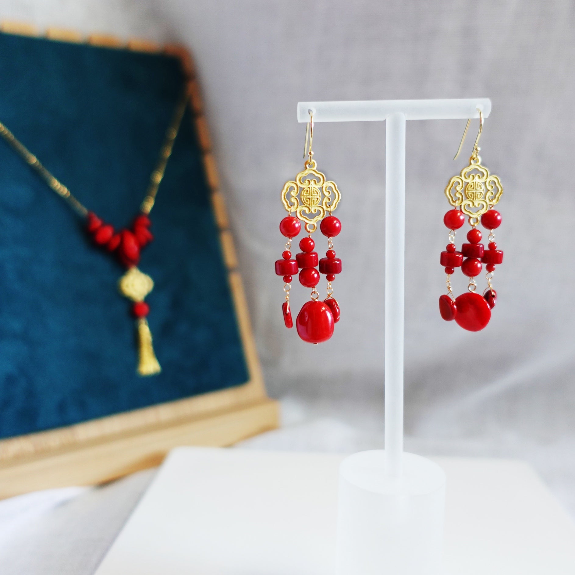 Gold Red Coral Tassel Earrings and Necklace Set