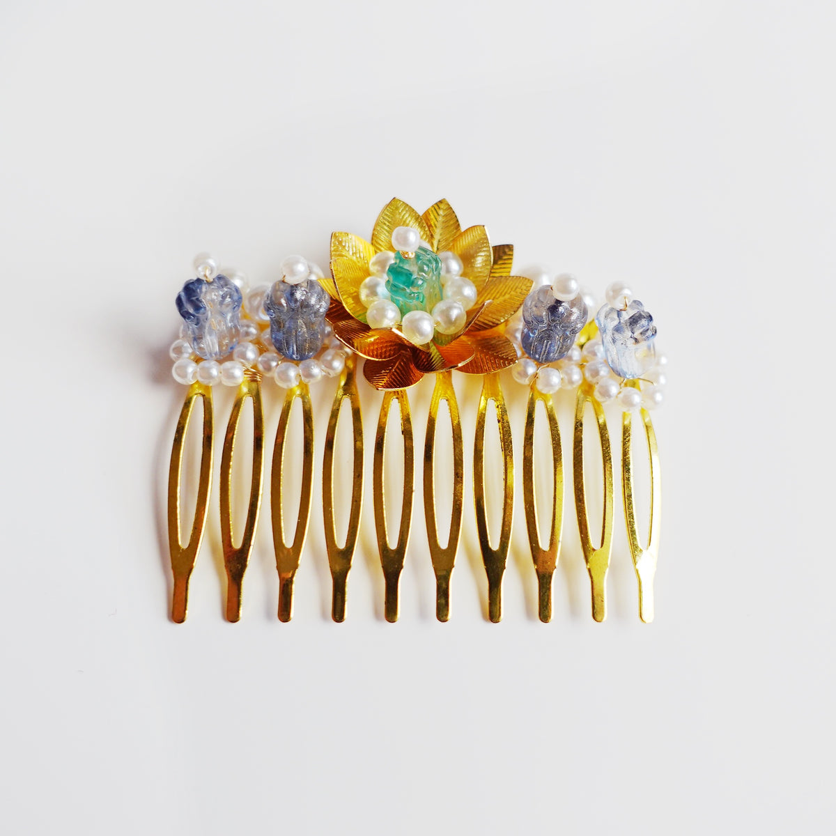 Gold and Blue Lotus Tiara Comb