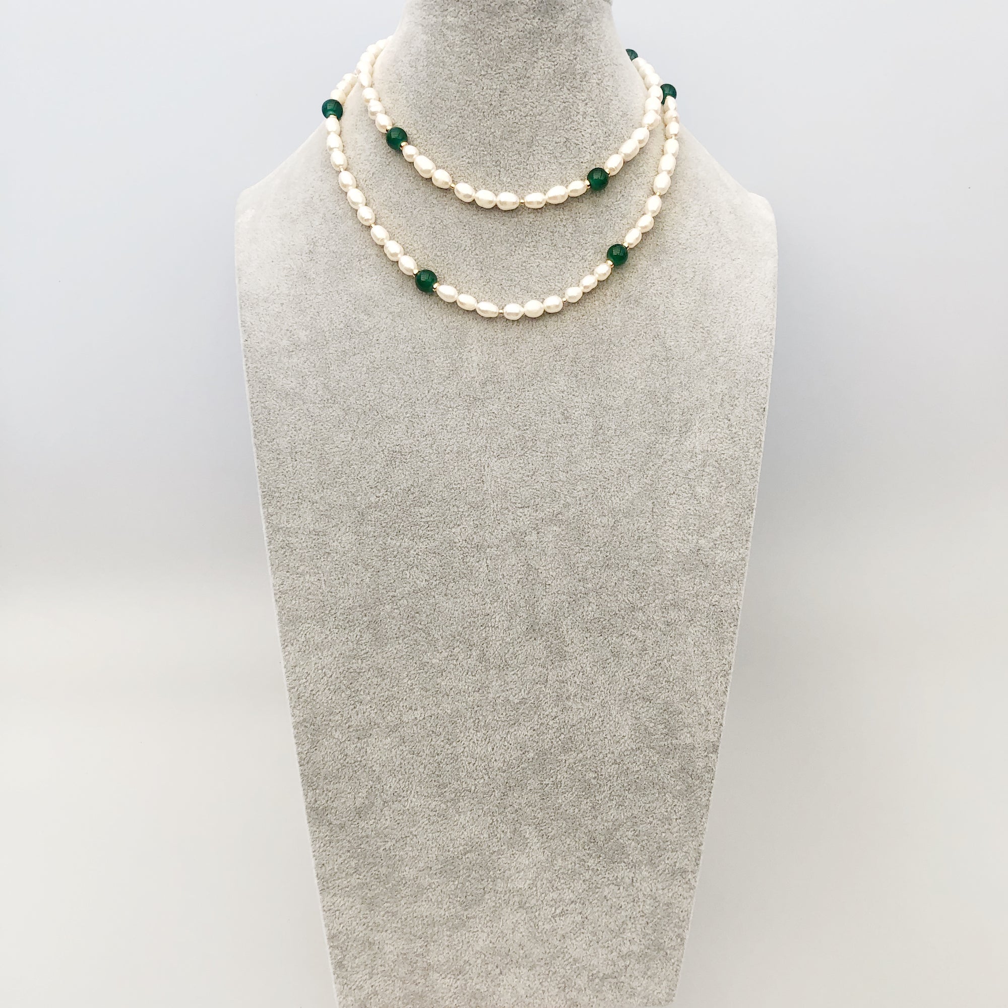 Yun Boutique Beaded Pearl Lariat Necklace Set with Green Tassels