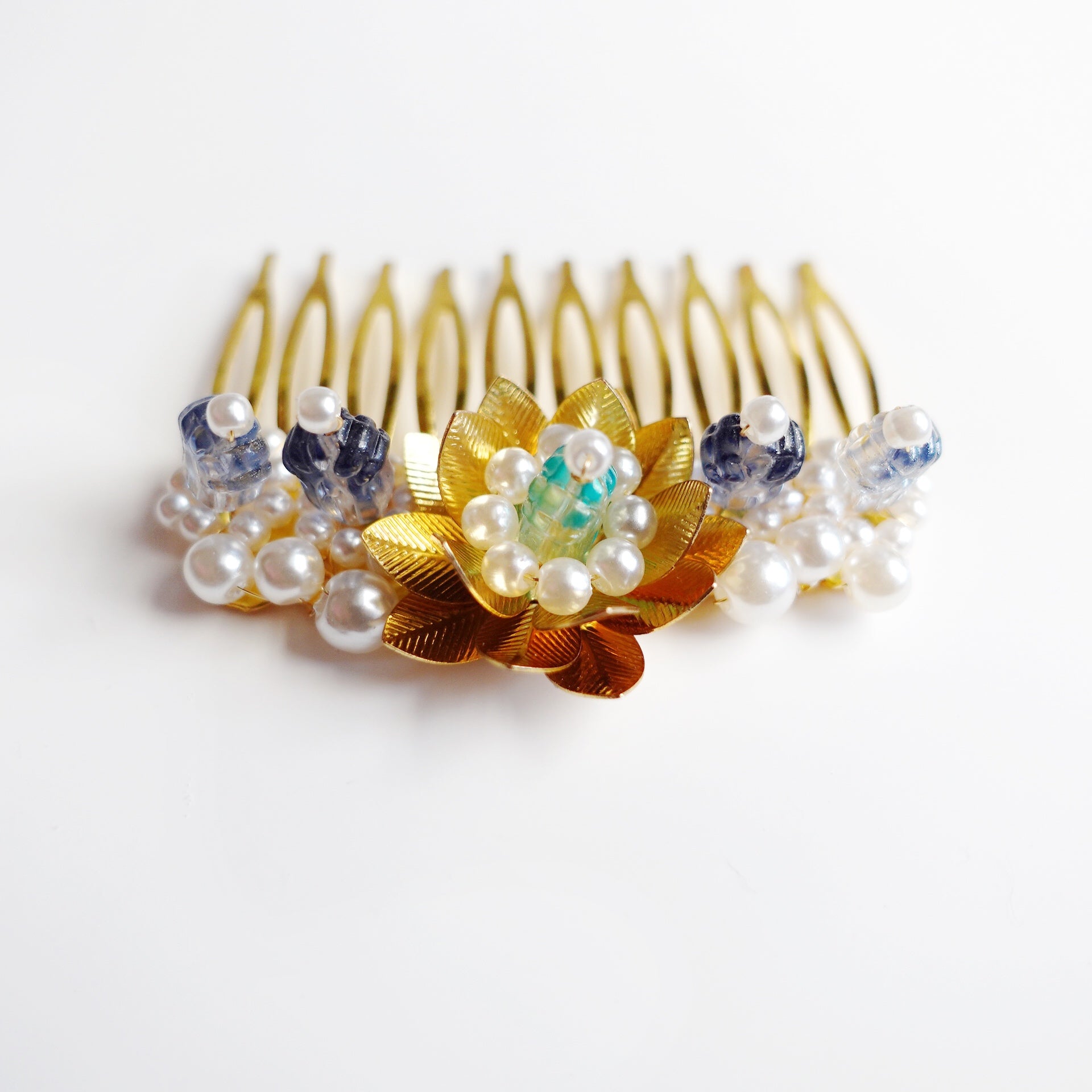 Gold and Blue Lotus Tiara Comb - Yun Boutique