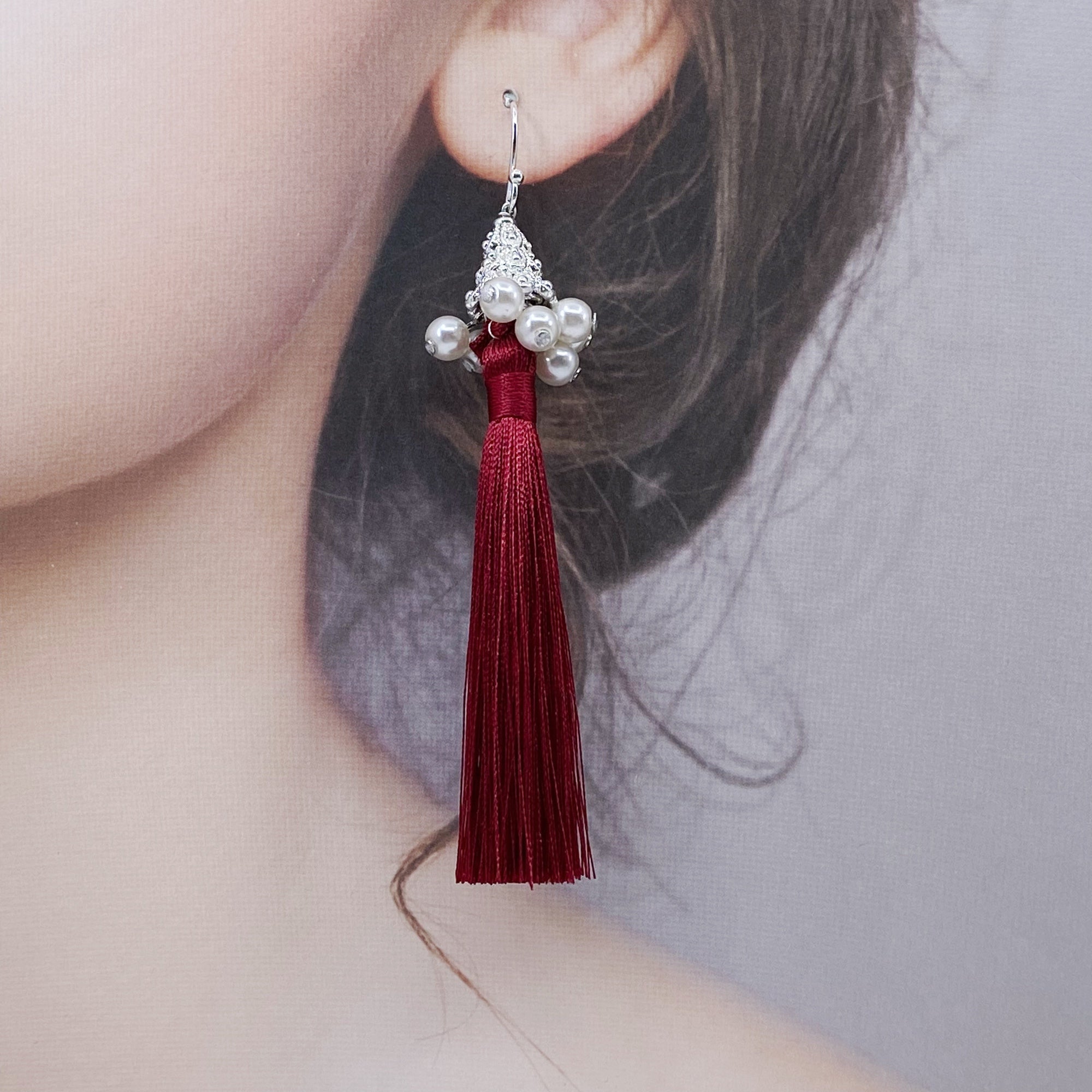 Yun Boutique Silver Asymmetrical Earrings with Red and Green Silk Tassel, Christmas Gift, New Year Gift