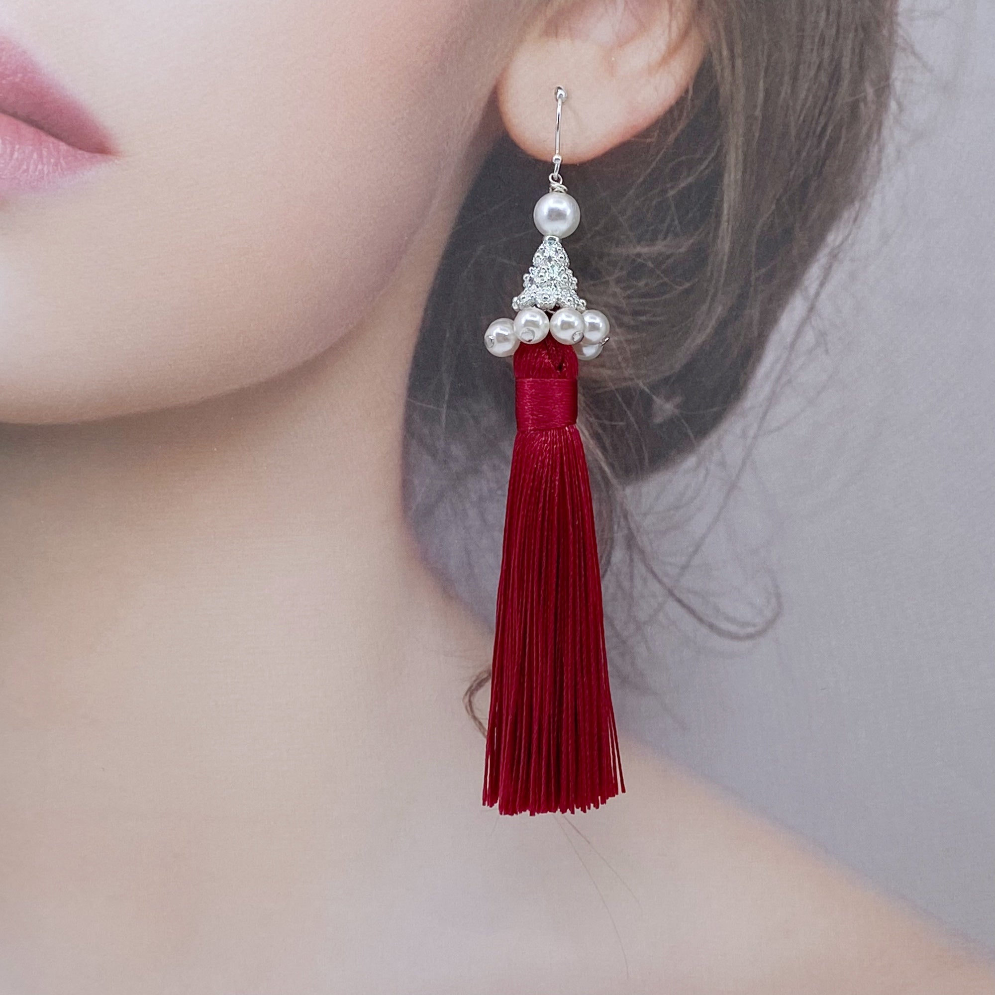 Yun Boutique Silver Red Silk Tassel Earrings Long, New Year Gift, Christmas Gift