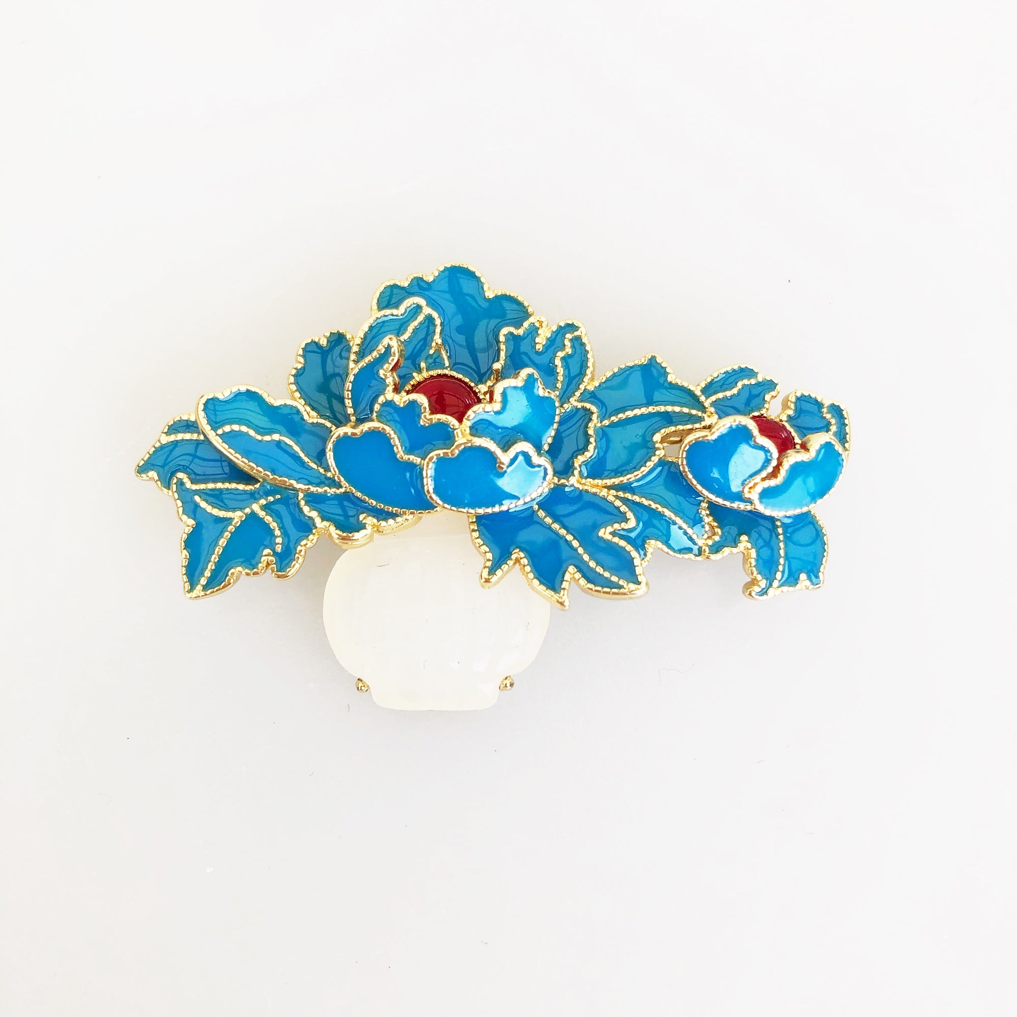 Enamel Tree Peony Brooch with White Jade - Yun Boutique