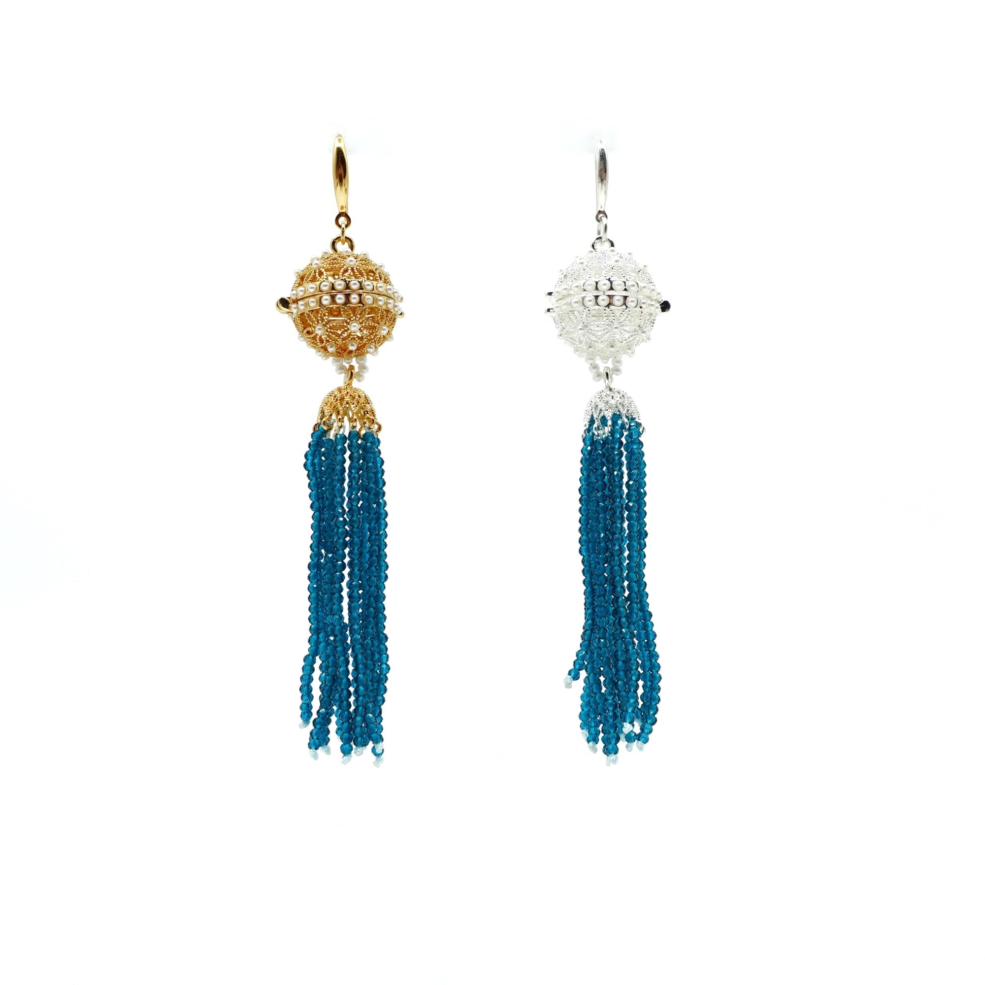 Herbal Locket Crystal Tassel Earrings - Peacock Blue Zirconia - Yun Boutique