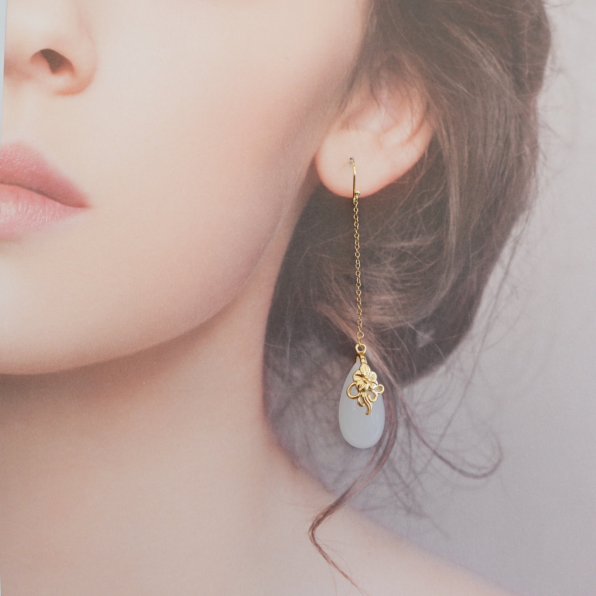 White Jade Earrings with Long Dangle Chain - Yun Boutique