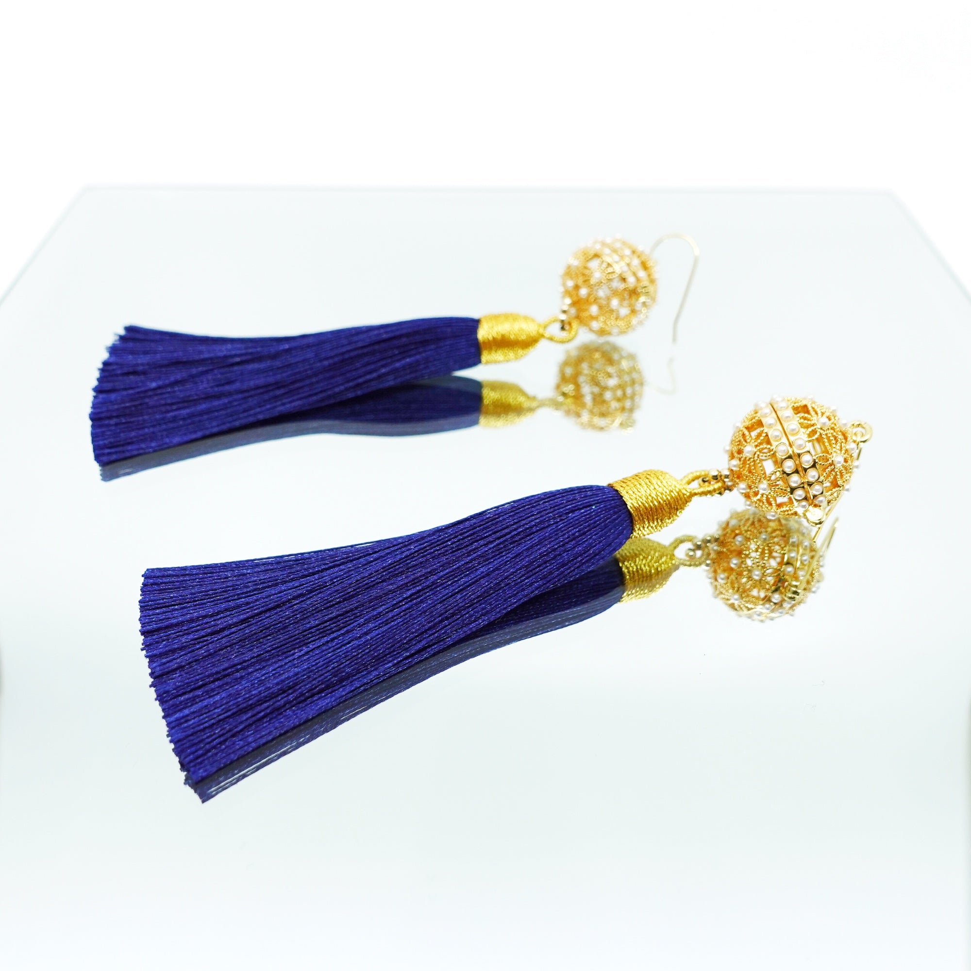 Herbal Locket Silk Tassel Earrings - Navy Blue - Yun Boutique