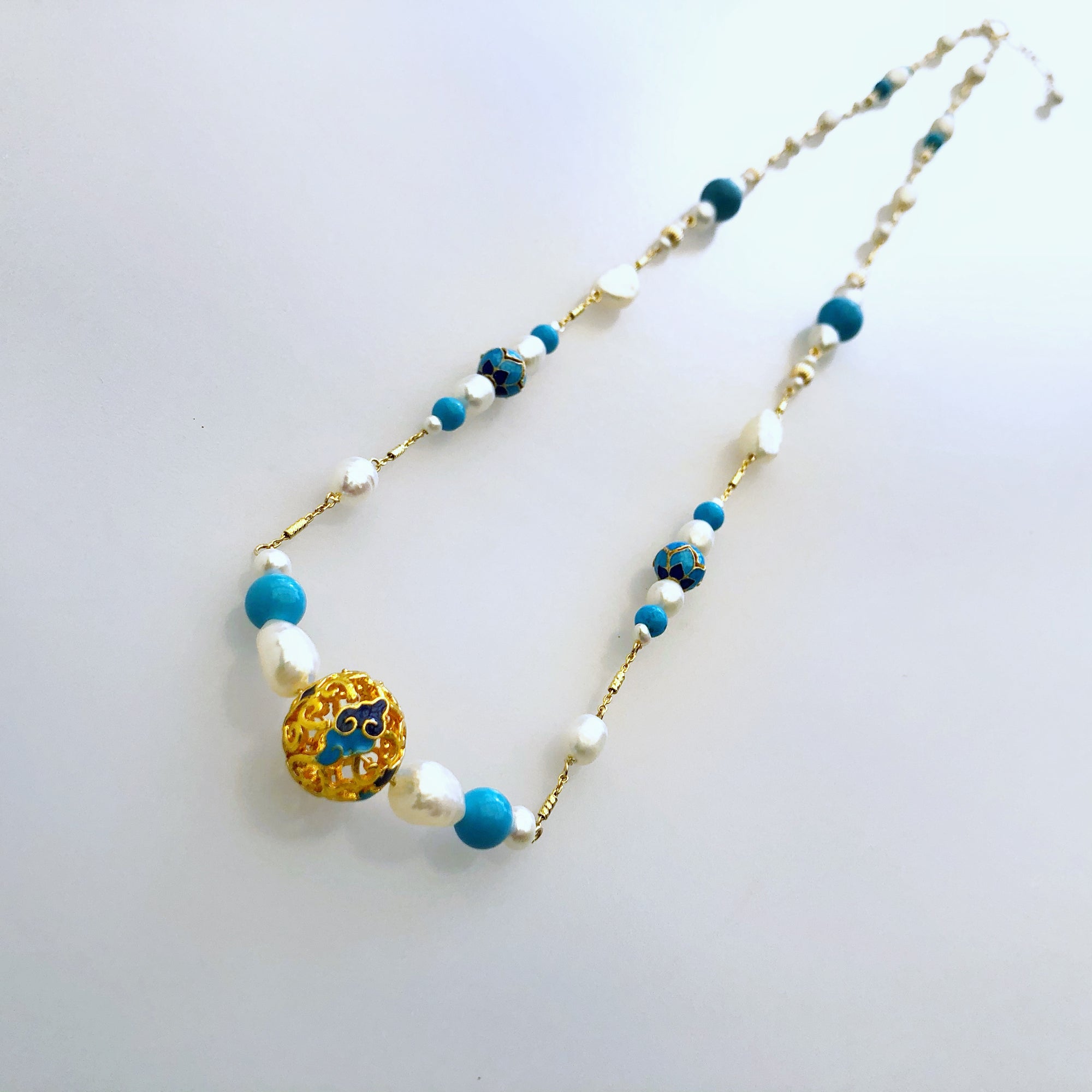 Auspicious Cloud Enamel and Gemstone Long Necklace