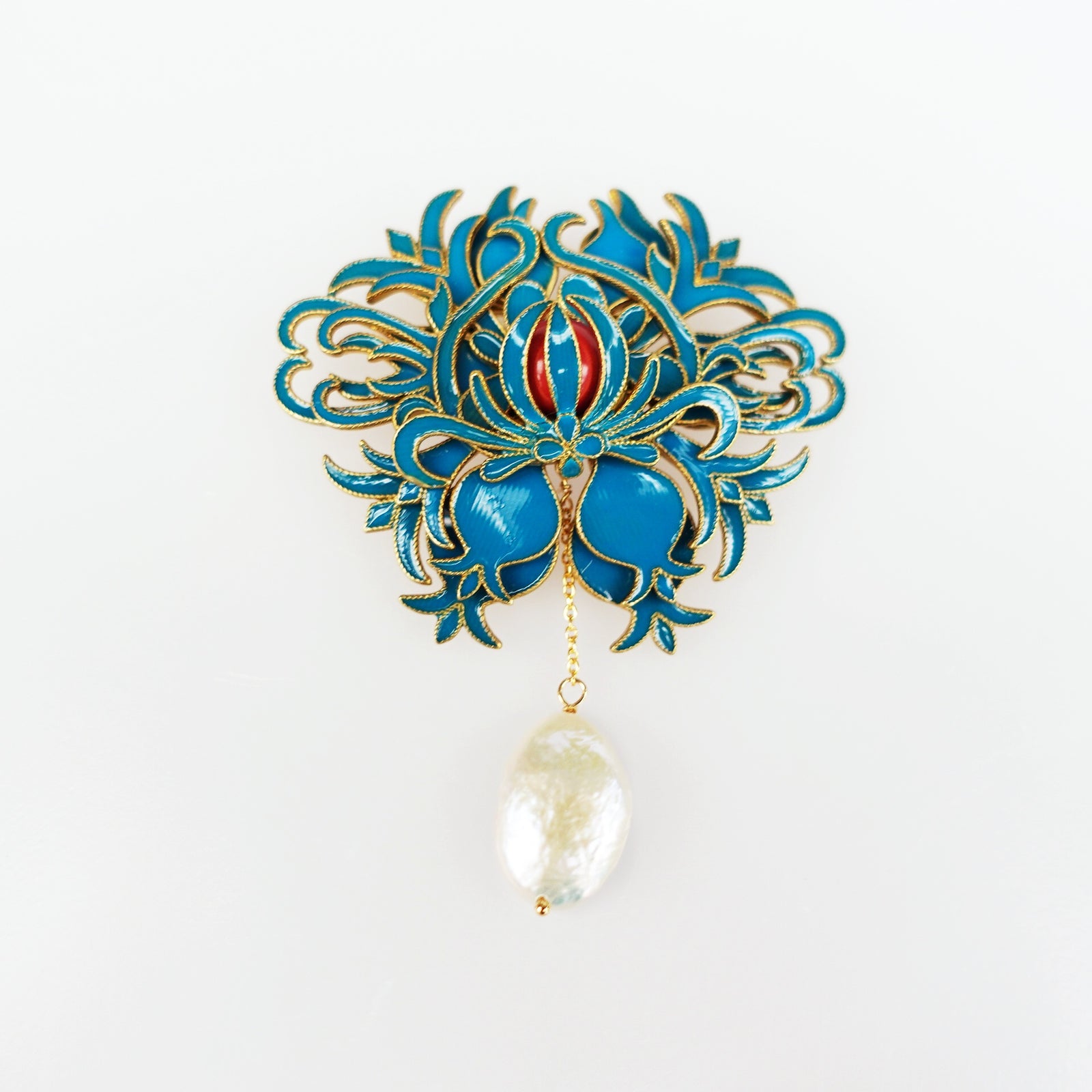 Imitation Kingfisher Enamel Tree Peony Brooch with Baroque Pearl - Yun Boutique