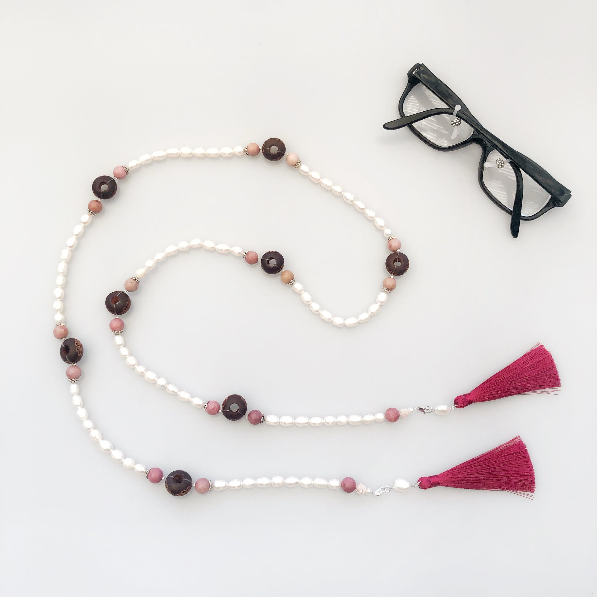 Return to Origin Beaded Wood and Pearl Lariat Necklace