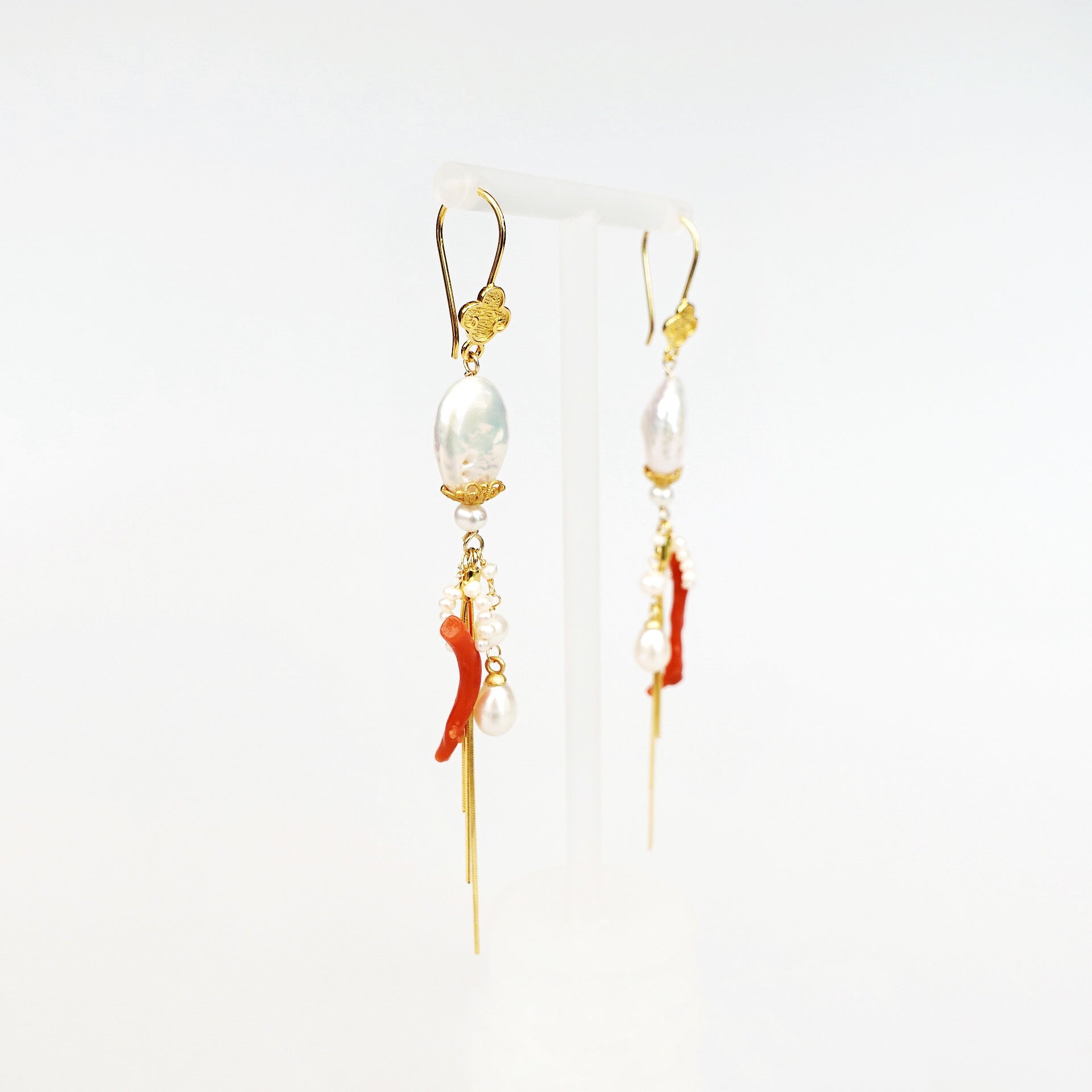 Dragon Princess Red Coral and Pearl Statement Earrings - Yun Boutique