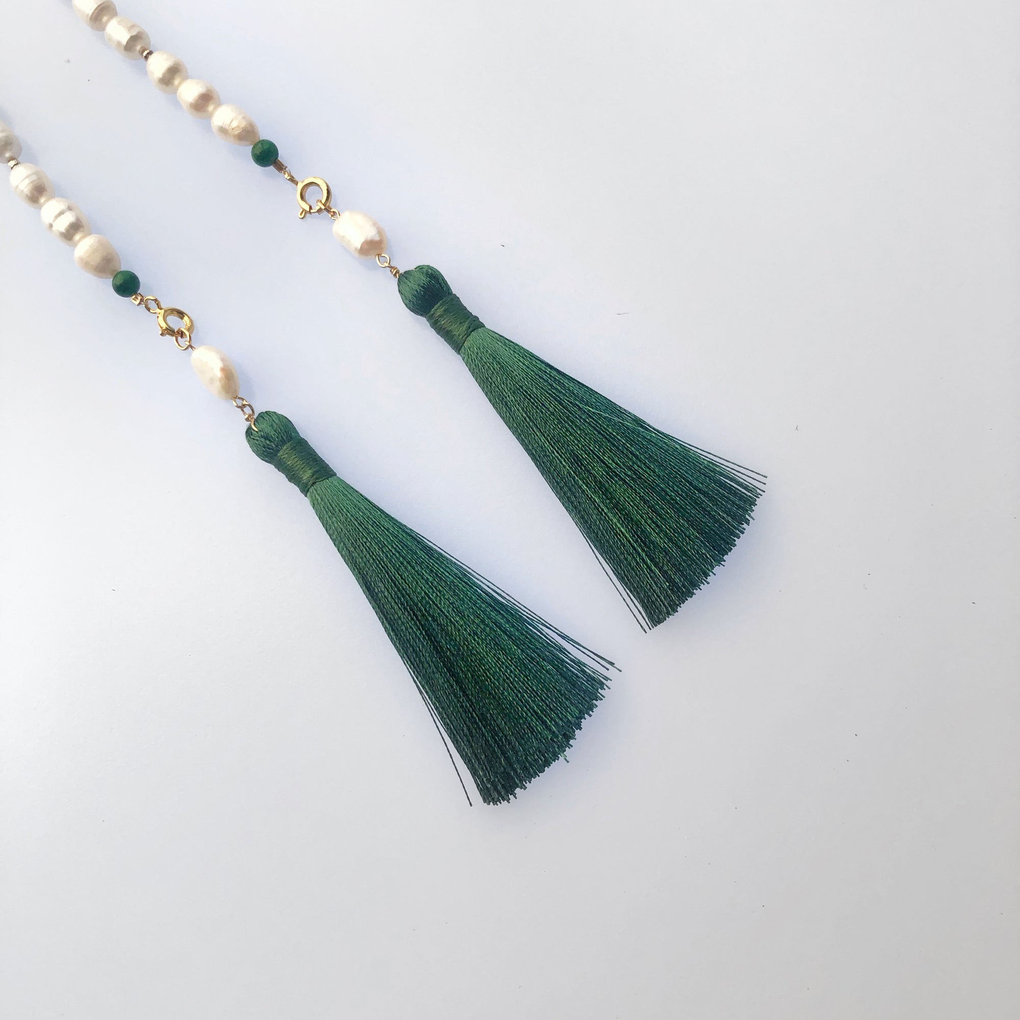 Return to Origin Beaded Pearl Lariat Necklace Set with Green Tassels - Yun Boutique