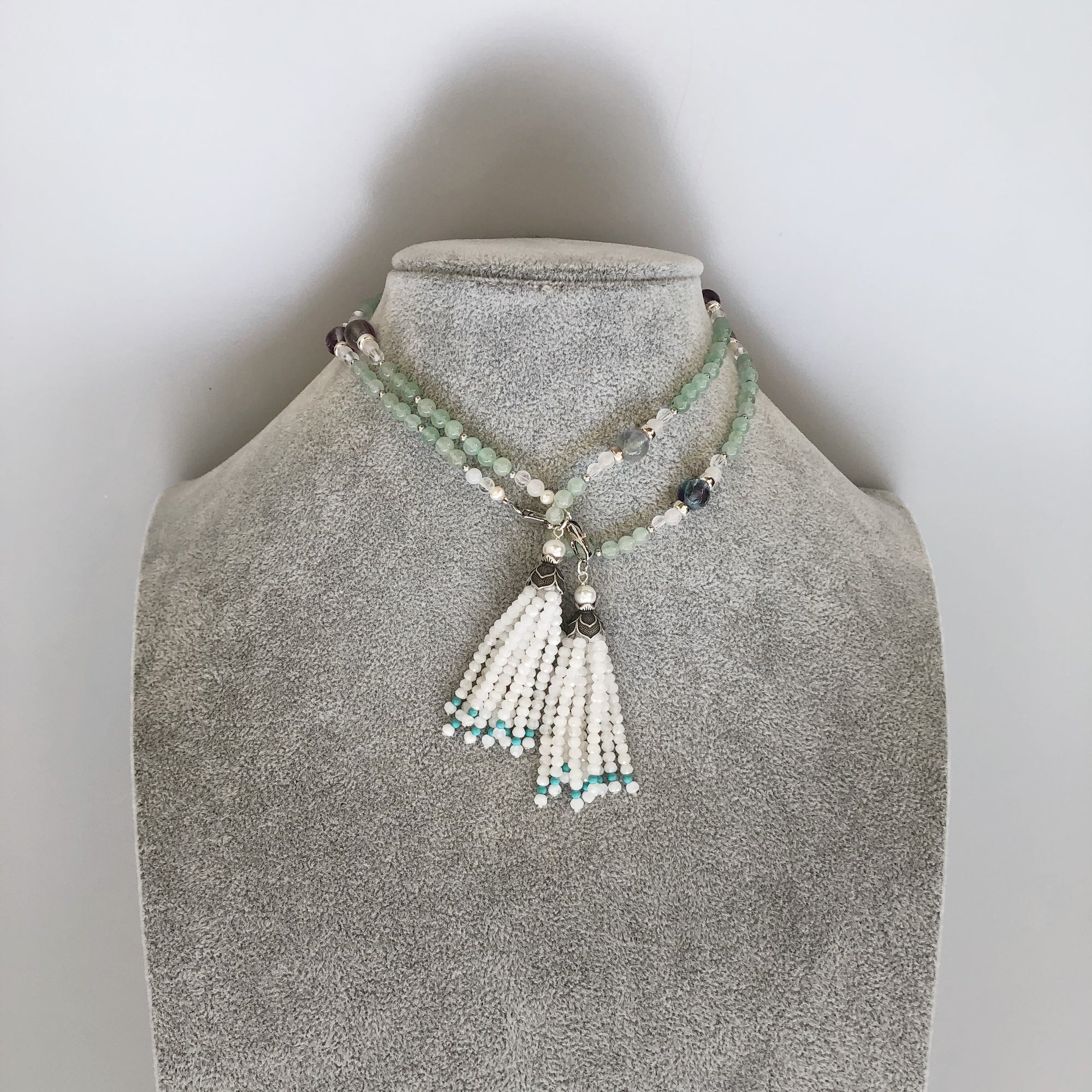 Multi-style Aventurine Lariat Necklace Set with Moonstone Tassels - Yun Boutique