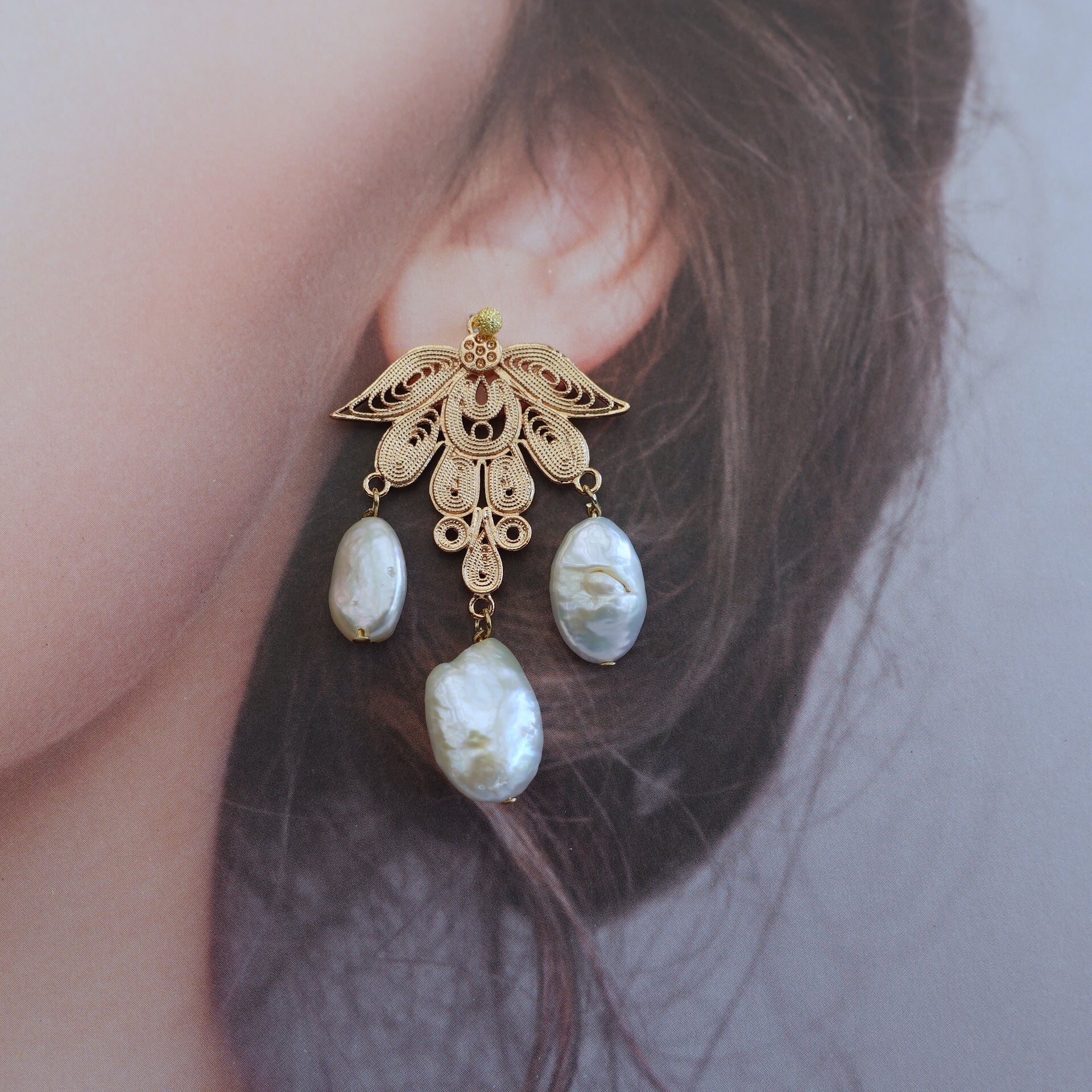 Phoenix Feather Filigree Baroque Pearl Earrings - Yun Boutique