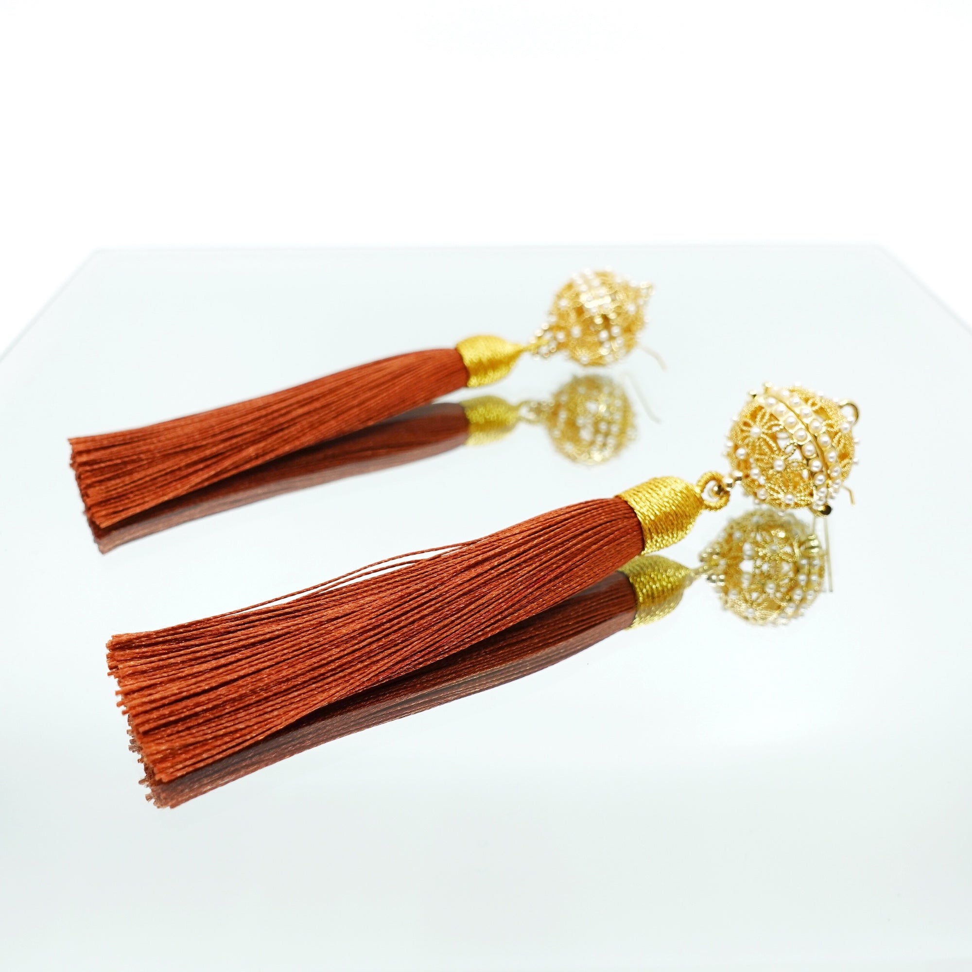 Herbal Locket Silk Tassel Earrings - Red Brown - Yun Boutique