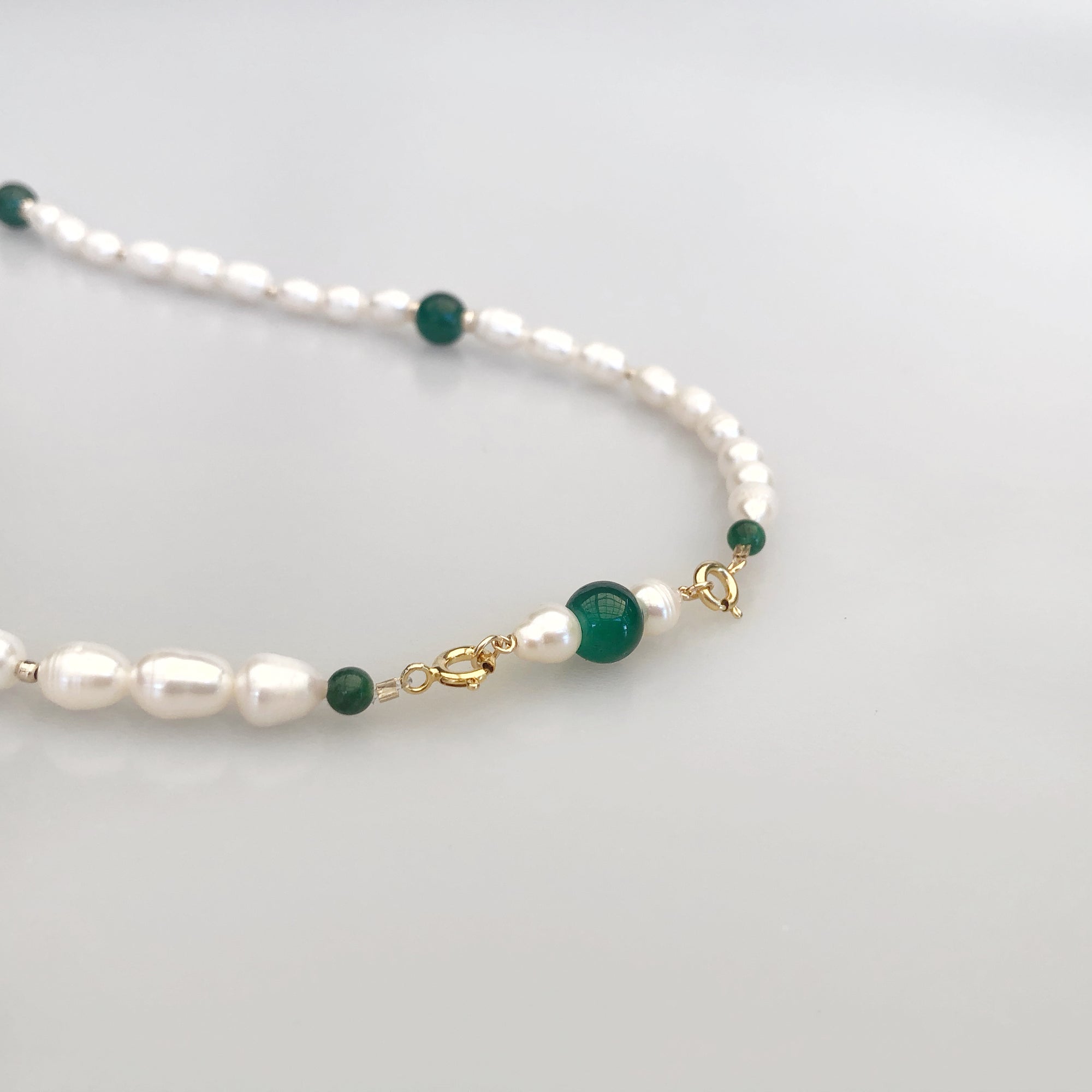 Yun Boutique Beaded Pearl Lariat Necklace Set with Green Tassels