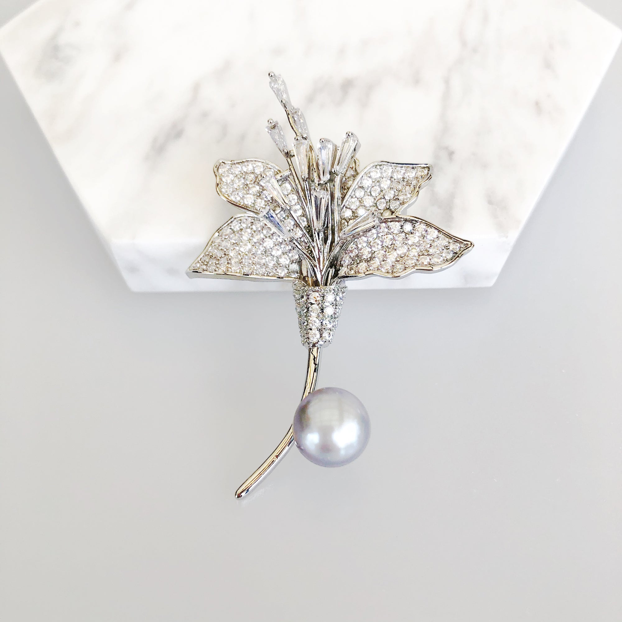 Silver Plated Lily Zircon Brooch Pendant