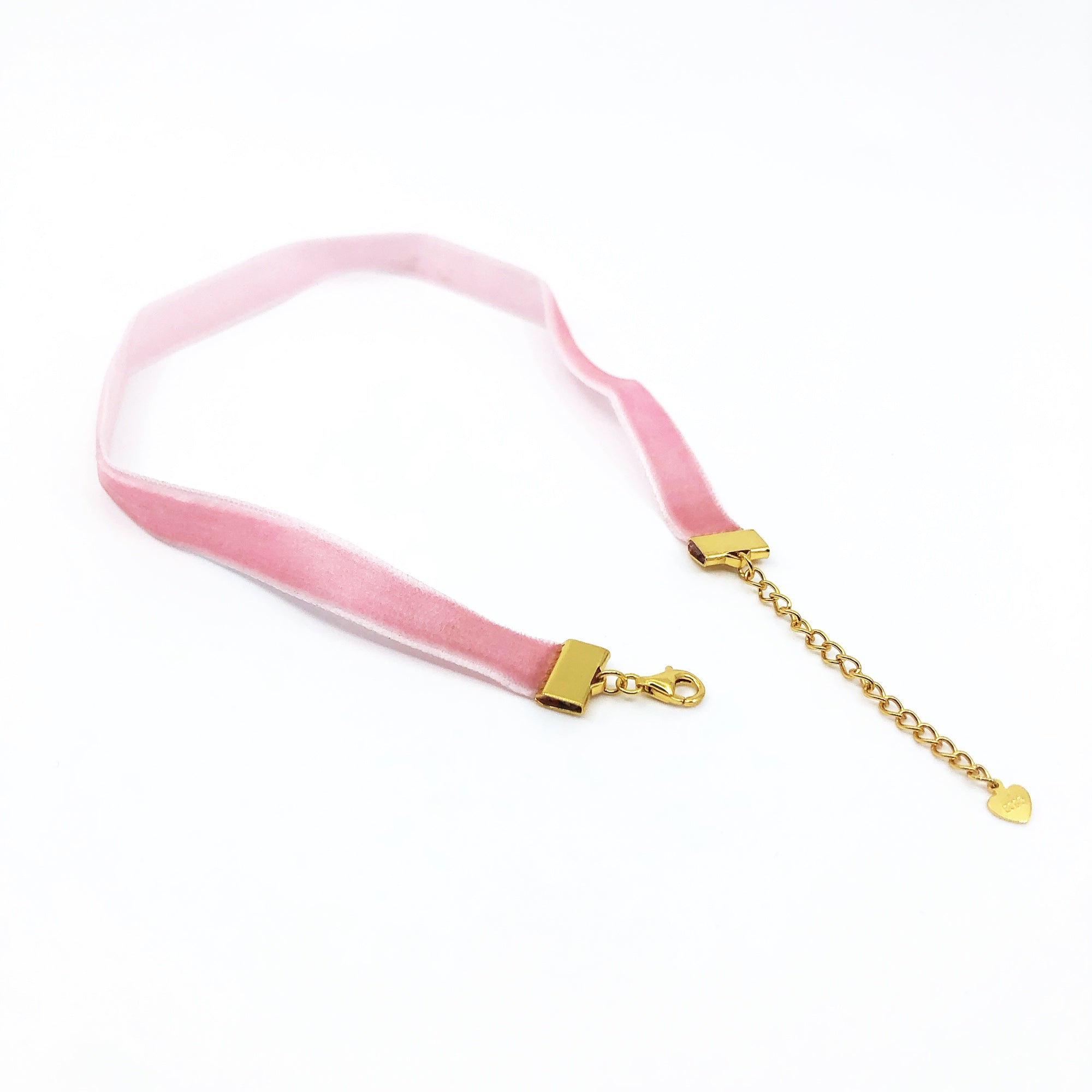 Yun Boutique Pink Velvet Choker Necklace Gold with Adjustable Sterling Silver Chain