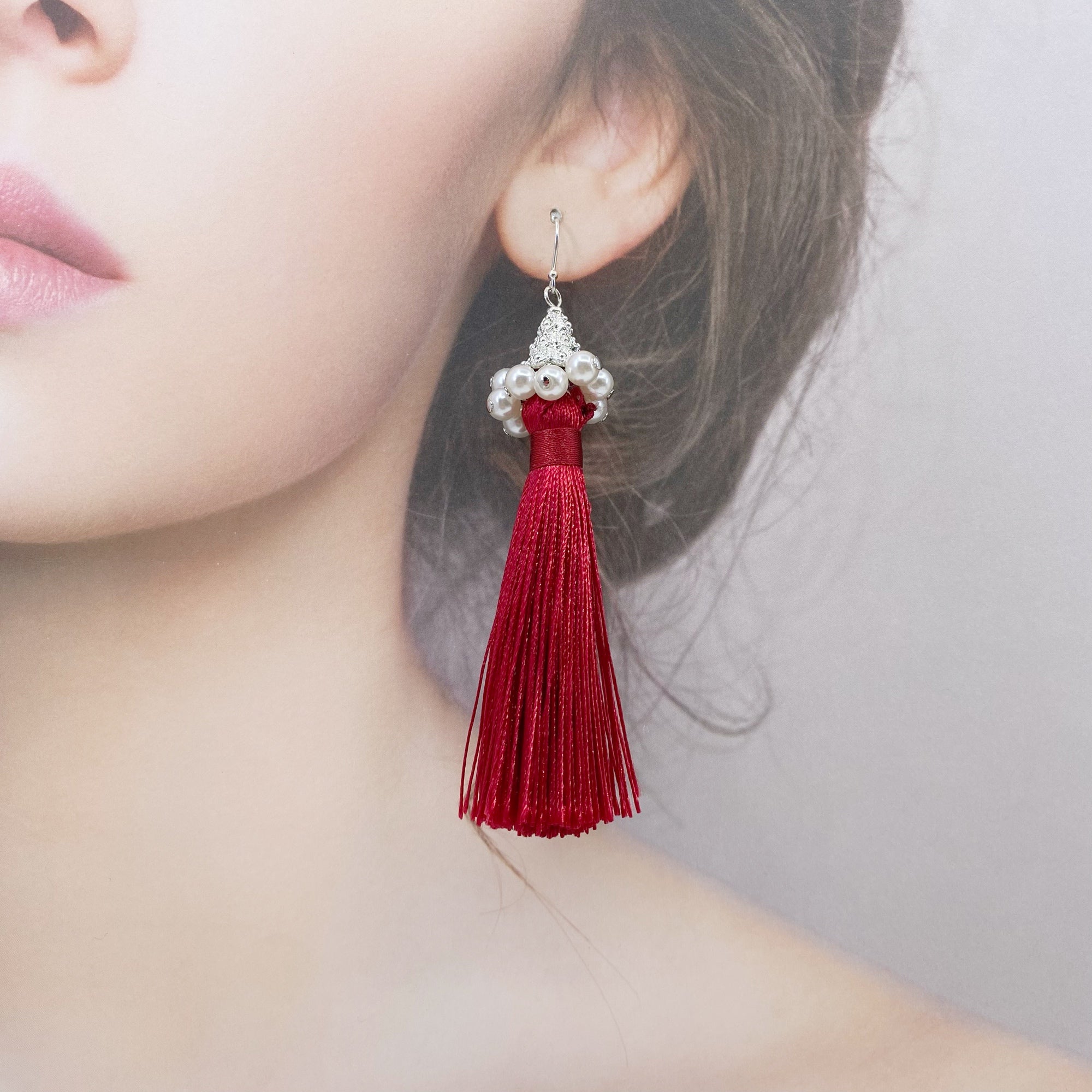 Yun Boutique Silver Red Silk Tassel Earrings Medium, New Year Gift, Christmas Gift