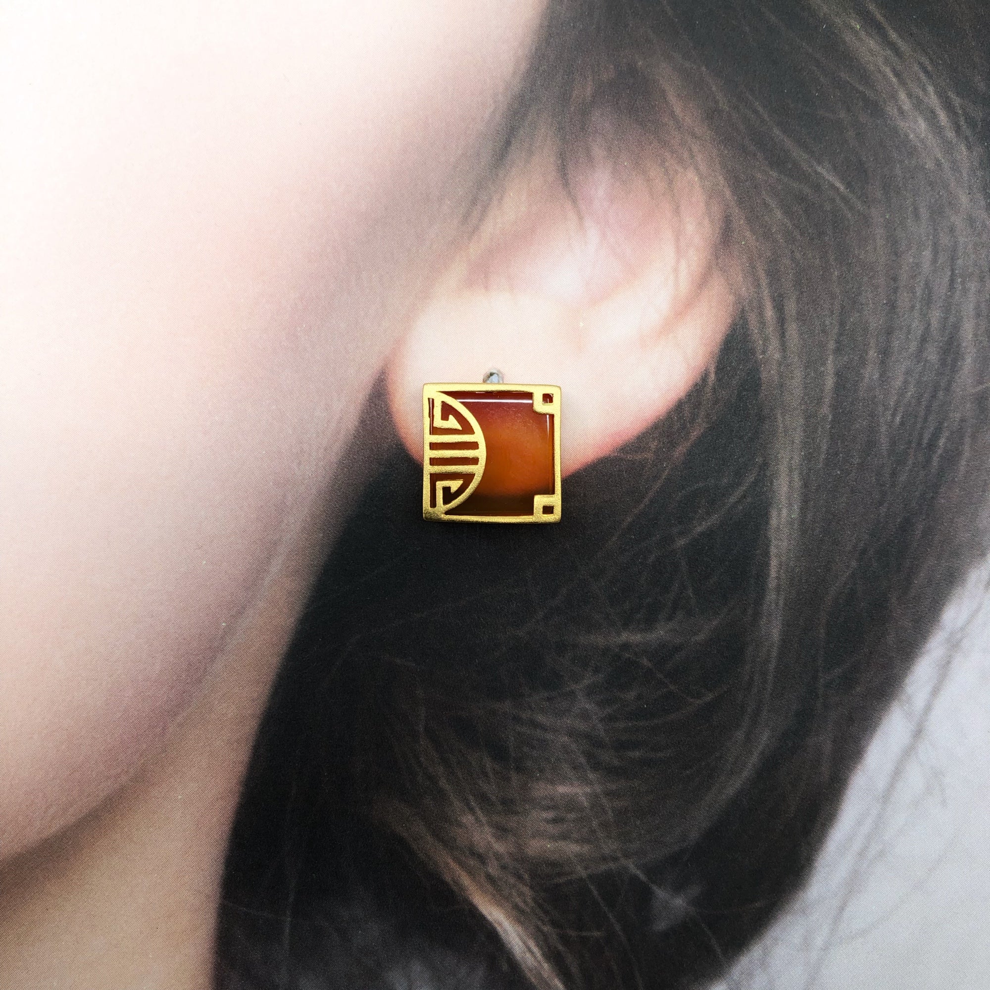 Gold Square Carnelian Studs - Yun Boutique