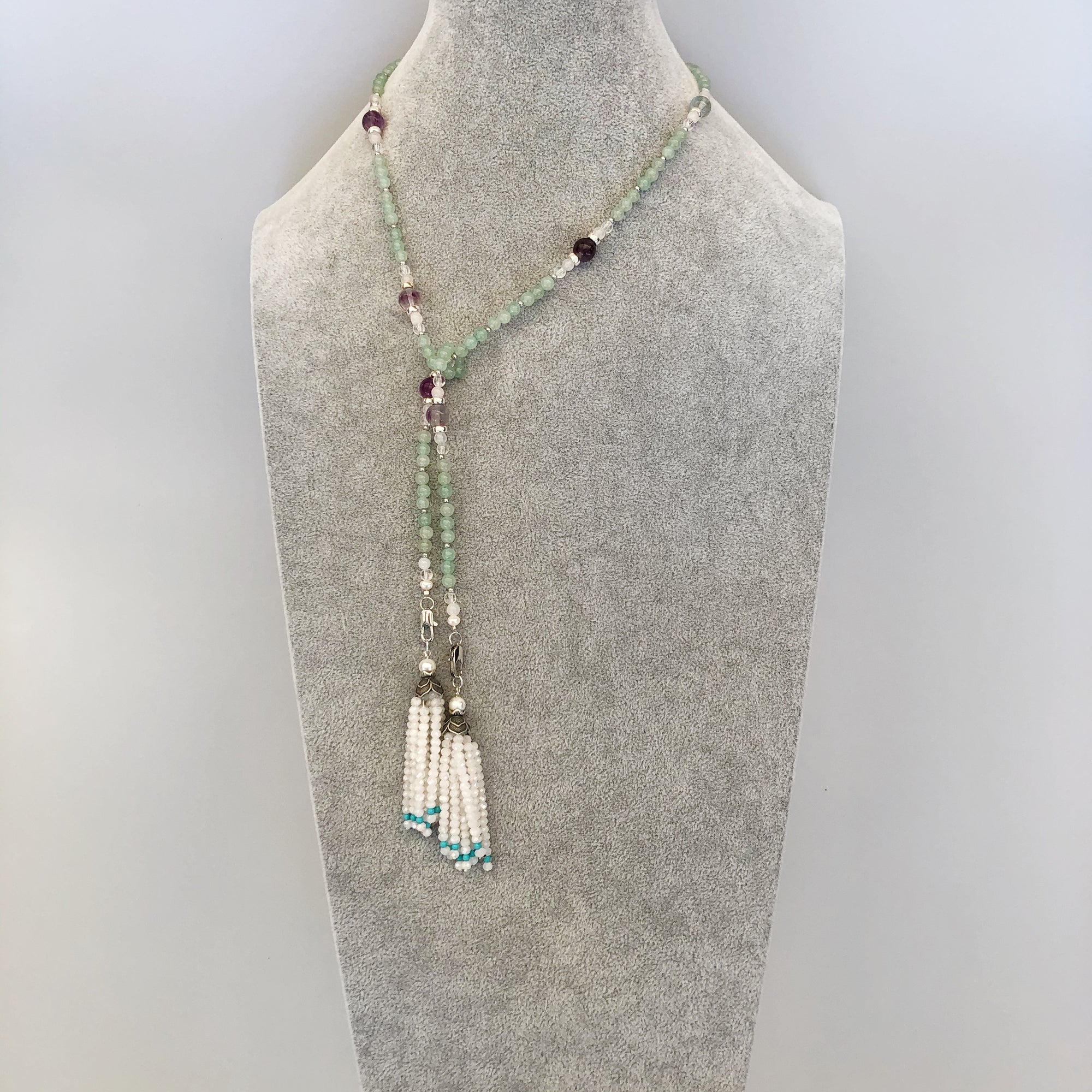 Multi-style Aventurine Lariat Necklace Set with Moonstone Tassels - Yun Boutique