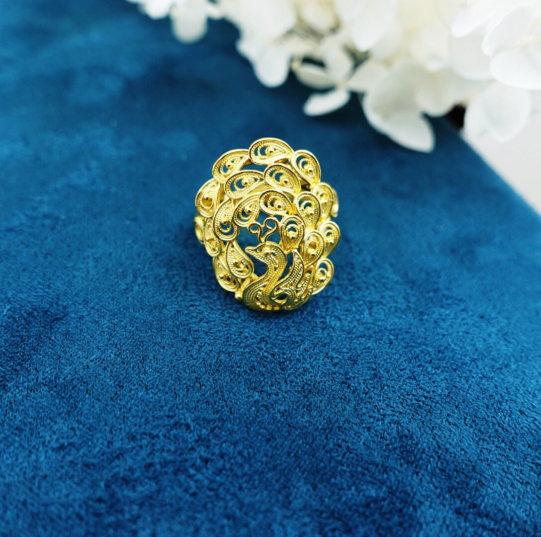 Vintage Style Filigree Phoenix Ring Gold, Filigree Ring, phoenix ring, Sterling silver ring, vintage ring, gold ring, cocktail ring, handmade ring, statement ring, gold ring for women, Asian ring, boutique ring, Yun Boutique Ring.