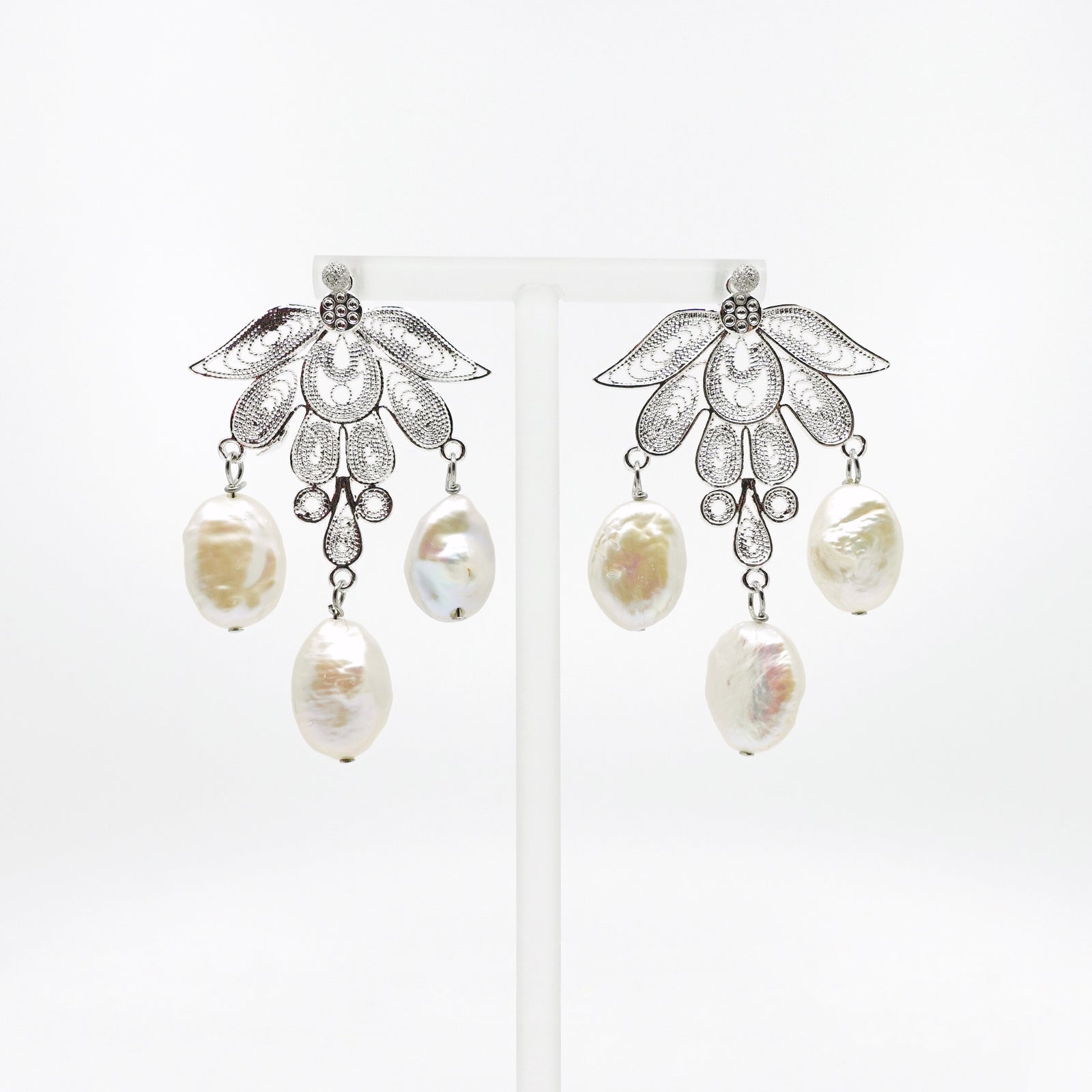 Silver Phoenix Filigree Pearl Earrings - Yun Boutique