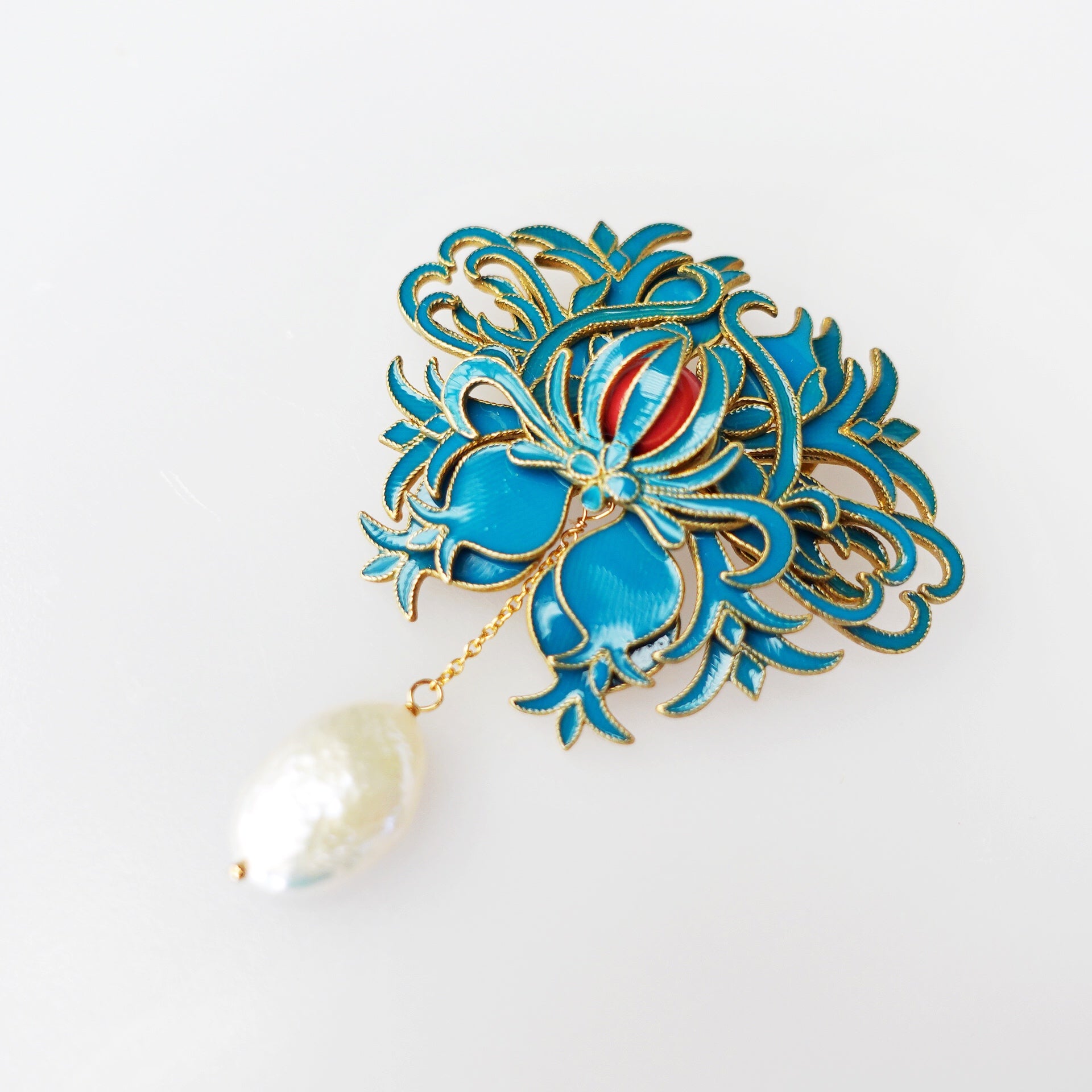 Imitation Kingfisher Enamel Tree Peony Brooch with Baroque Pearl - Yun Boutique