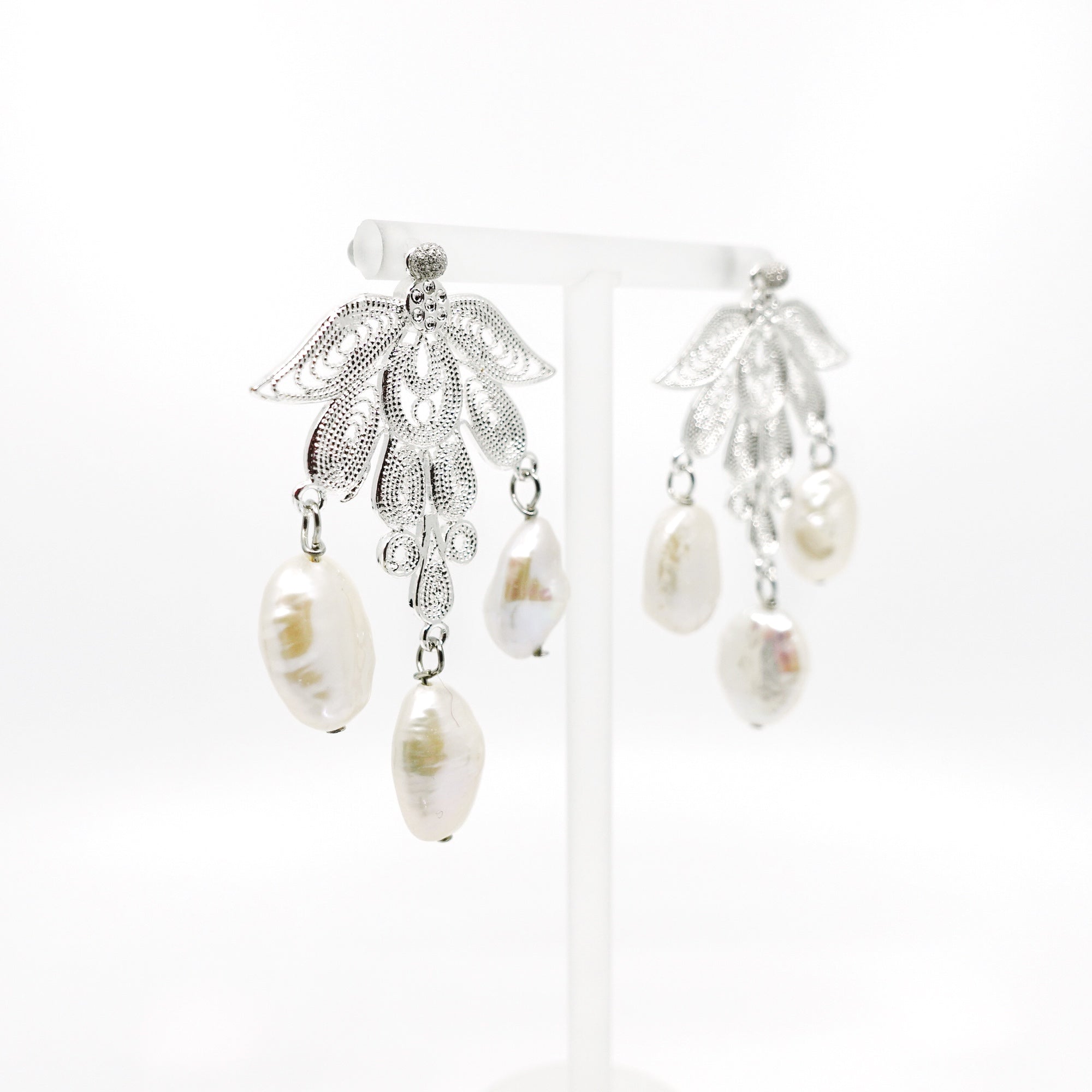 Silver Phoenix Filigree Pearl Earrings - Yun Boutique