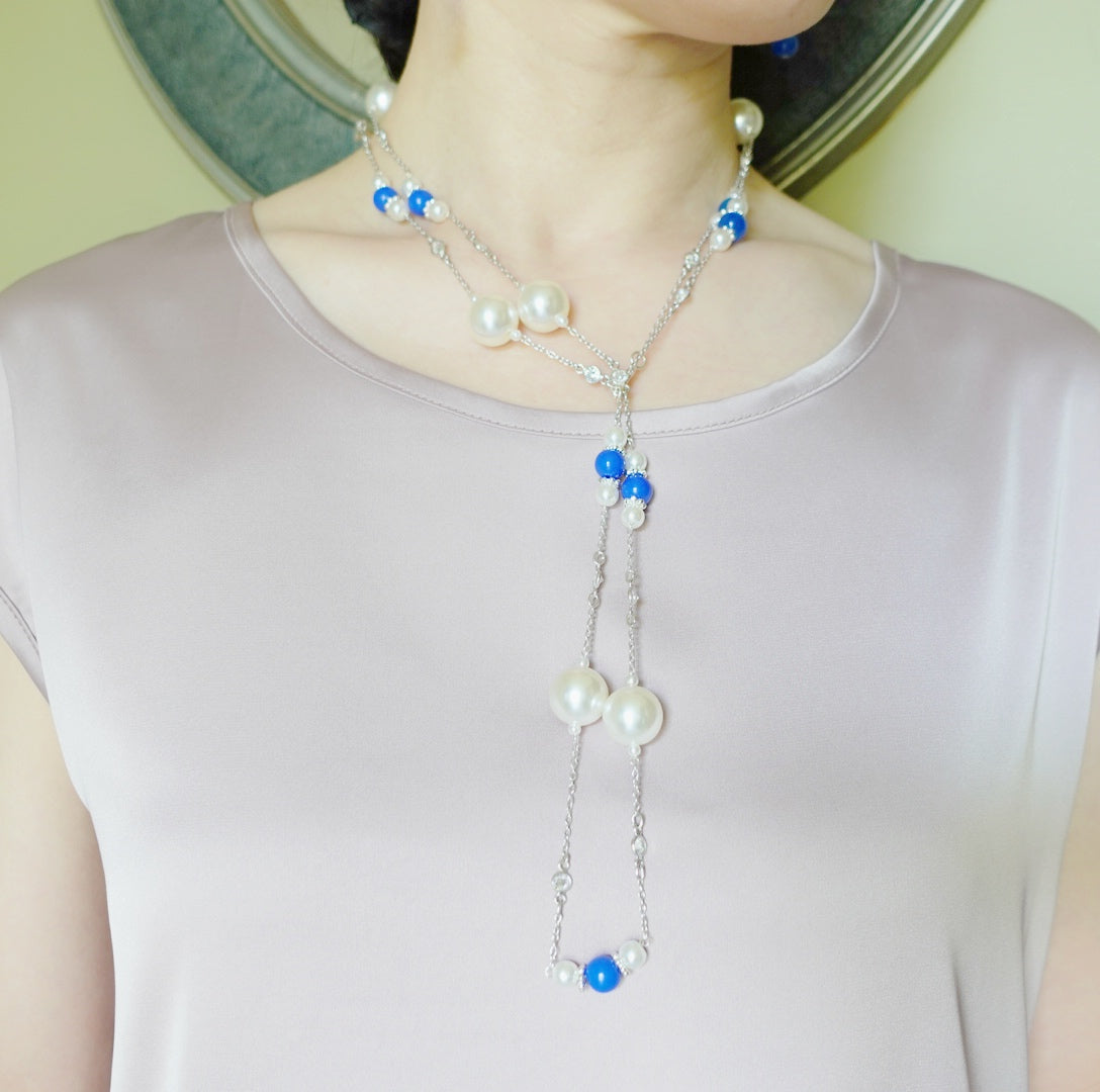 Yun Boutique The Nine Blue Stone and Pearl Long Necklace and Earrings Set