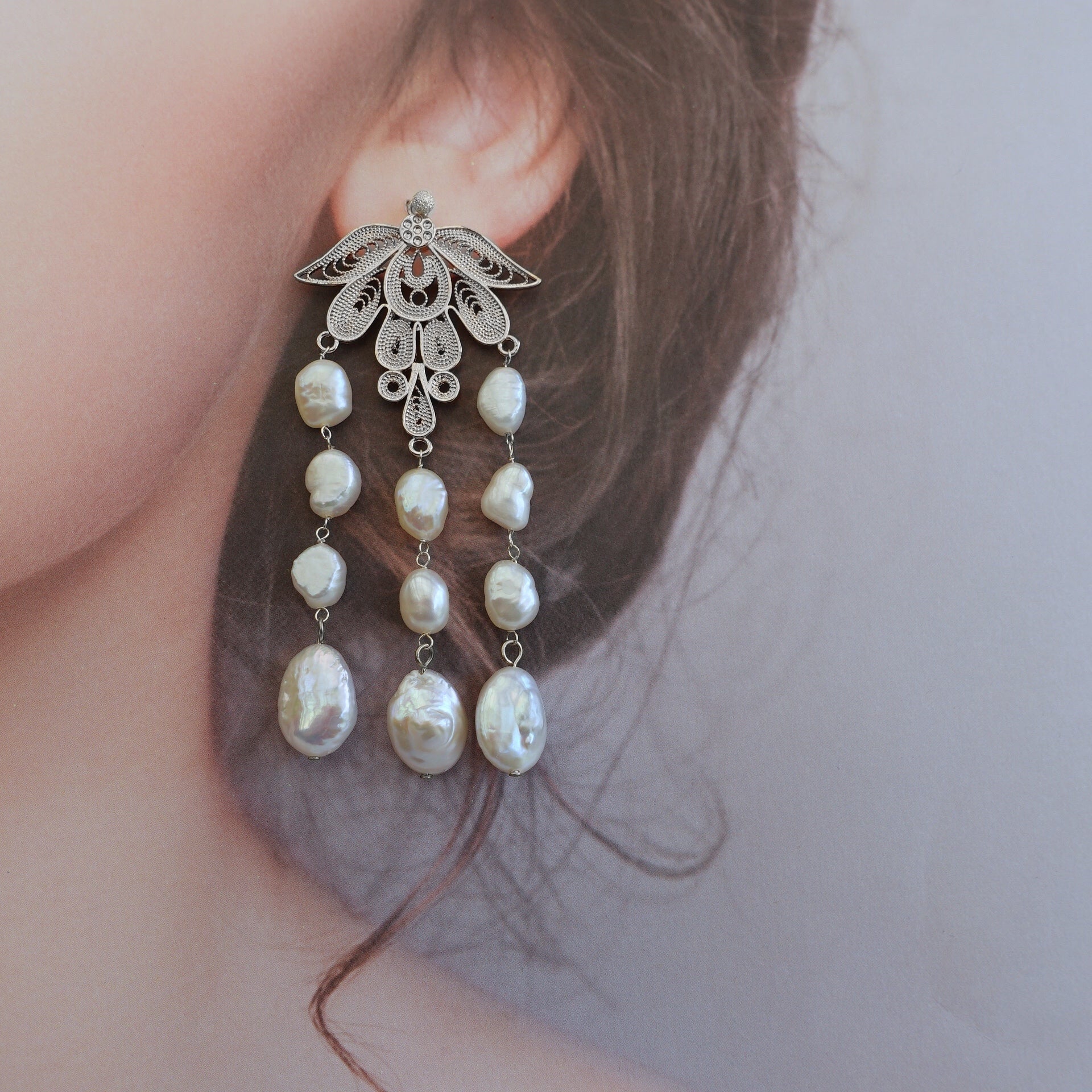 Silver Phoenix and Pearl Statement Earrings - Yun Boutique