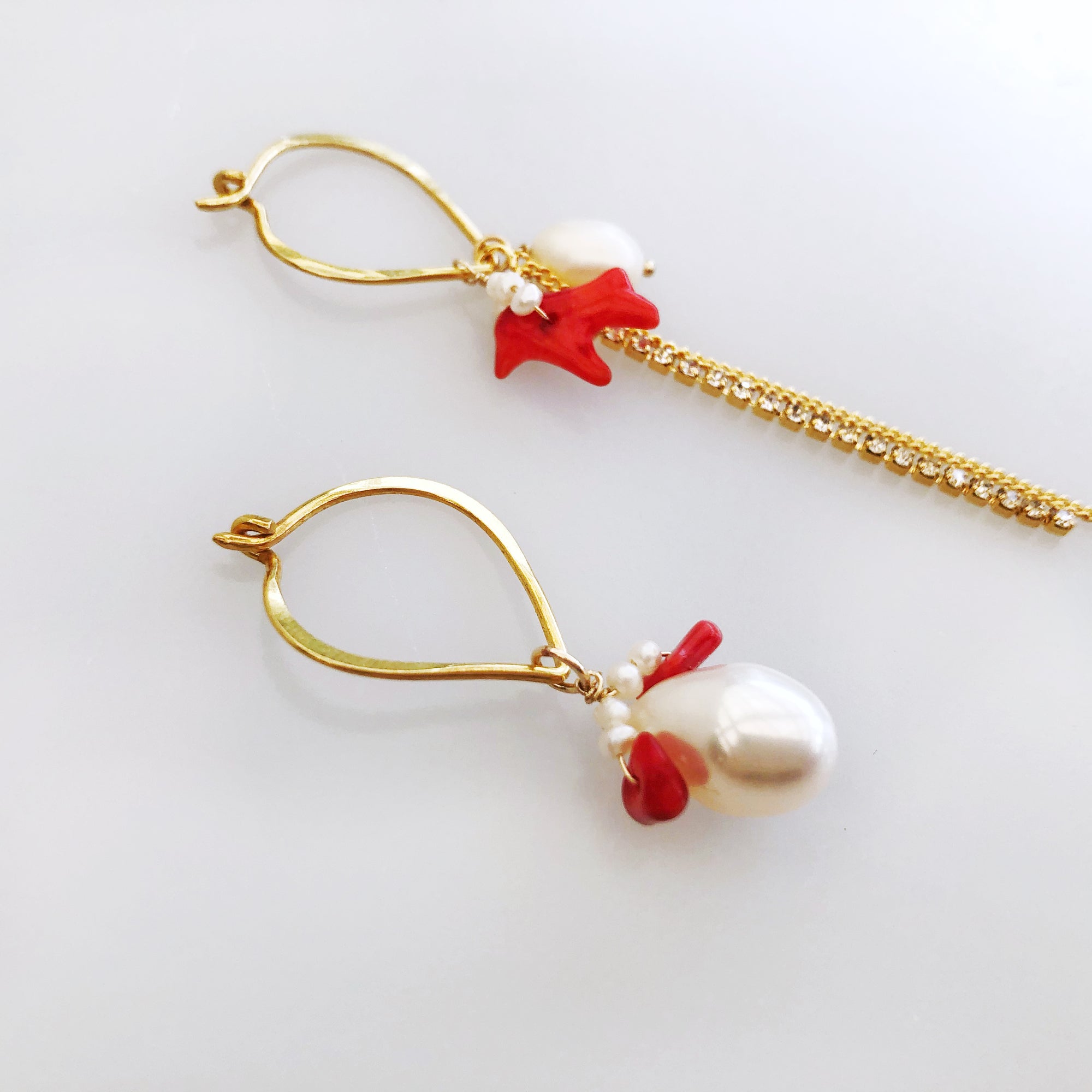 Asymmetrical Red Coral and Pearl Earrings