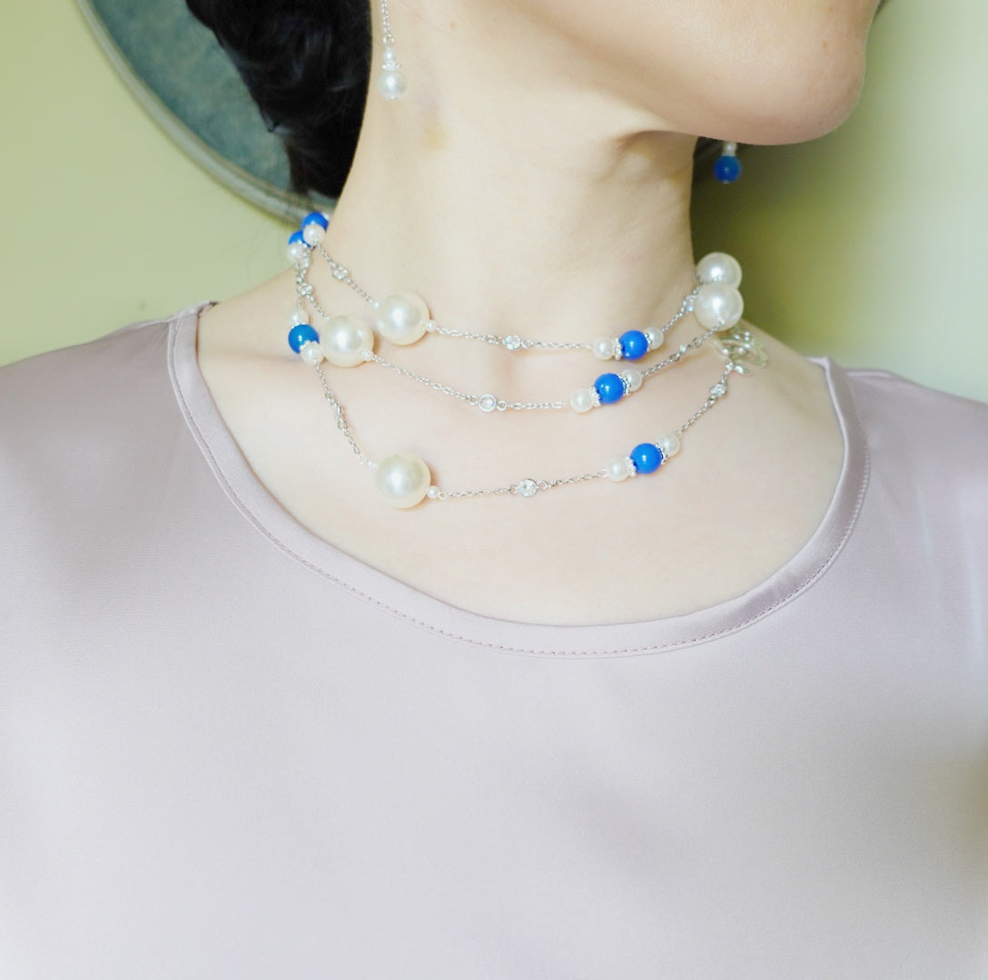 Yun Boutique The Nine Blue Stone and Pearl Long Necklace and Earrings Set