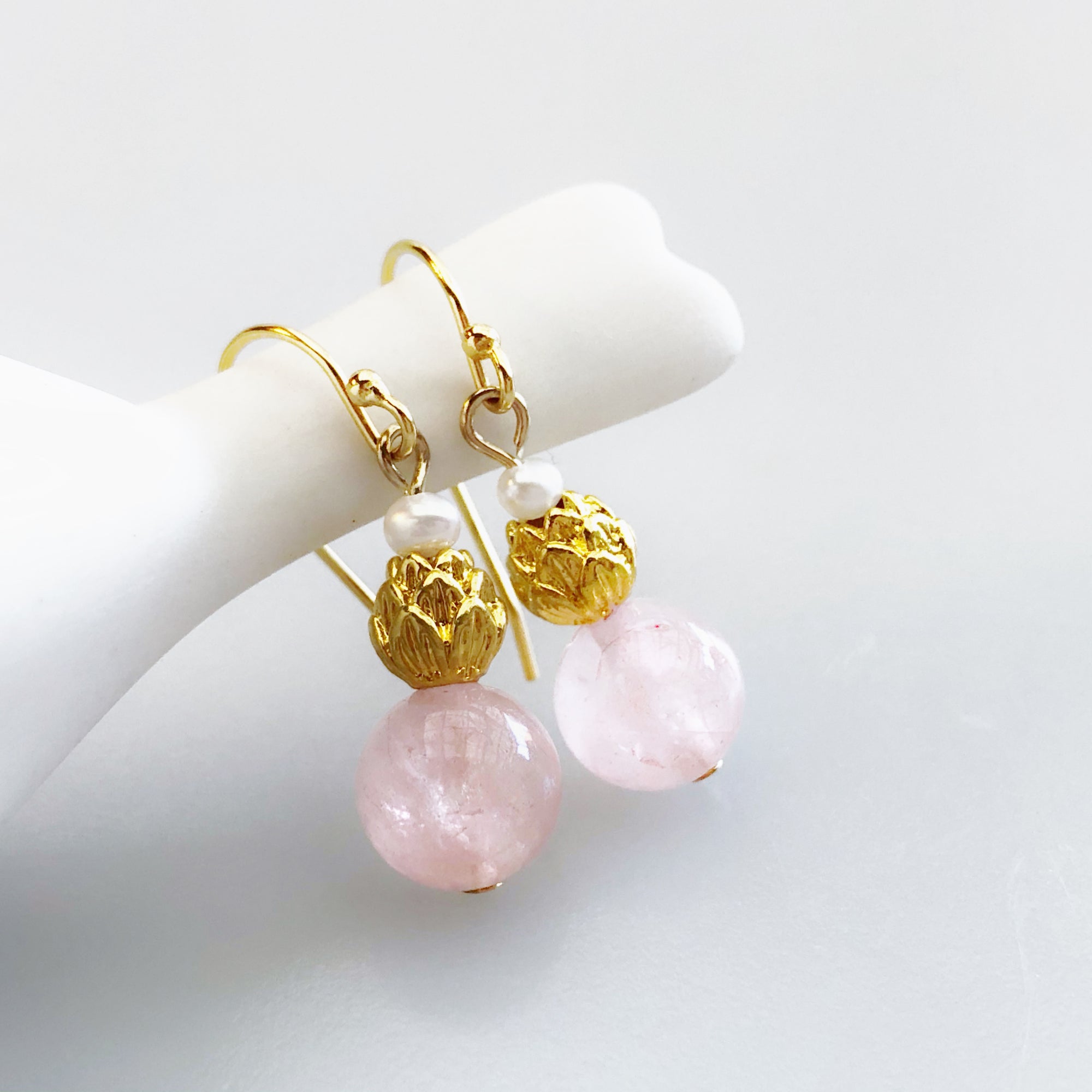 Gold Rose Quartz Lotus Earrings