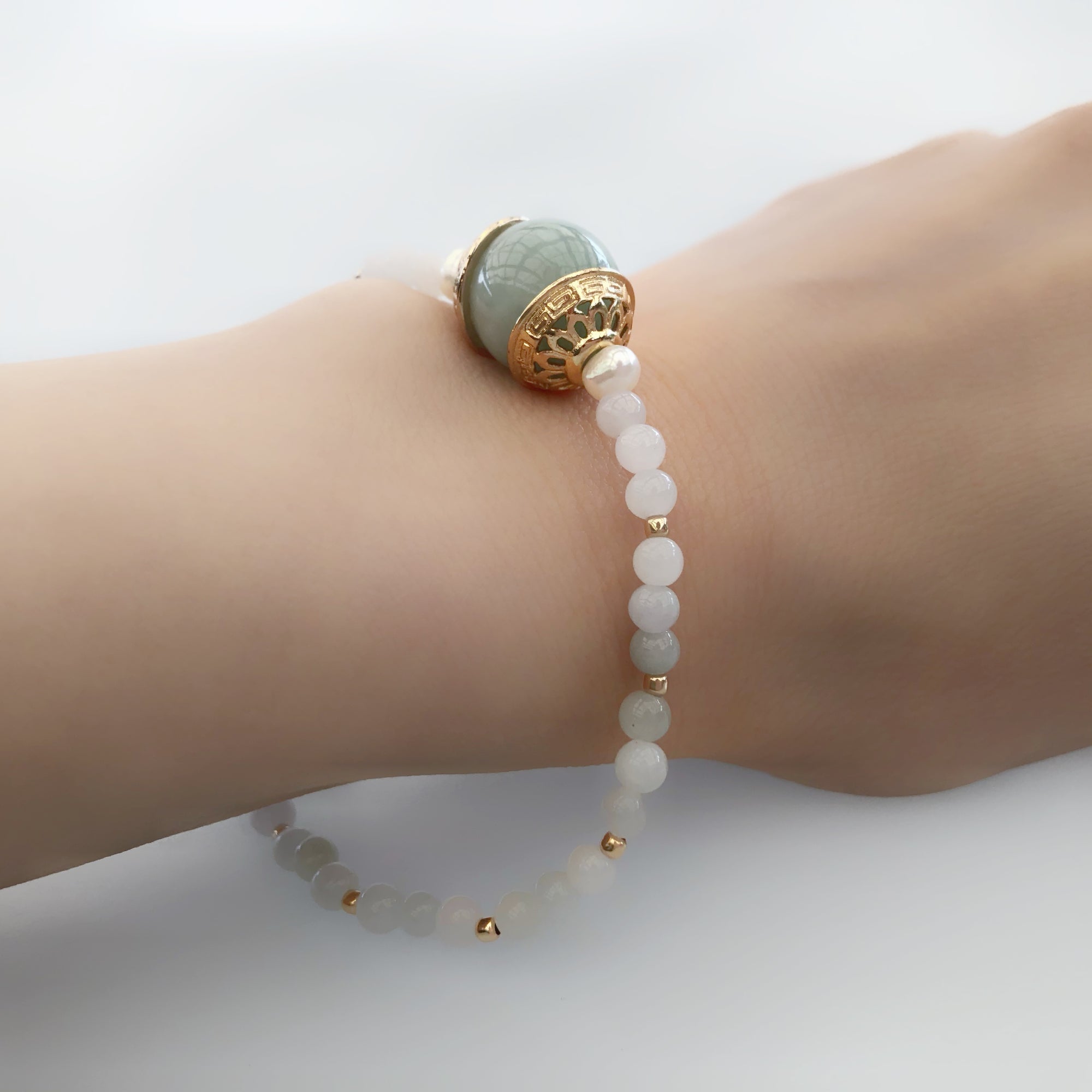 Beaded Gold Mint Jadeite Bracelet