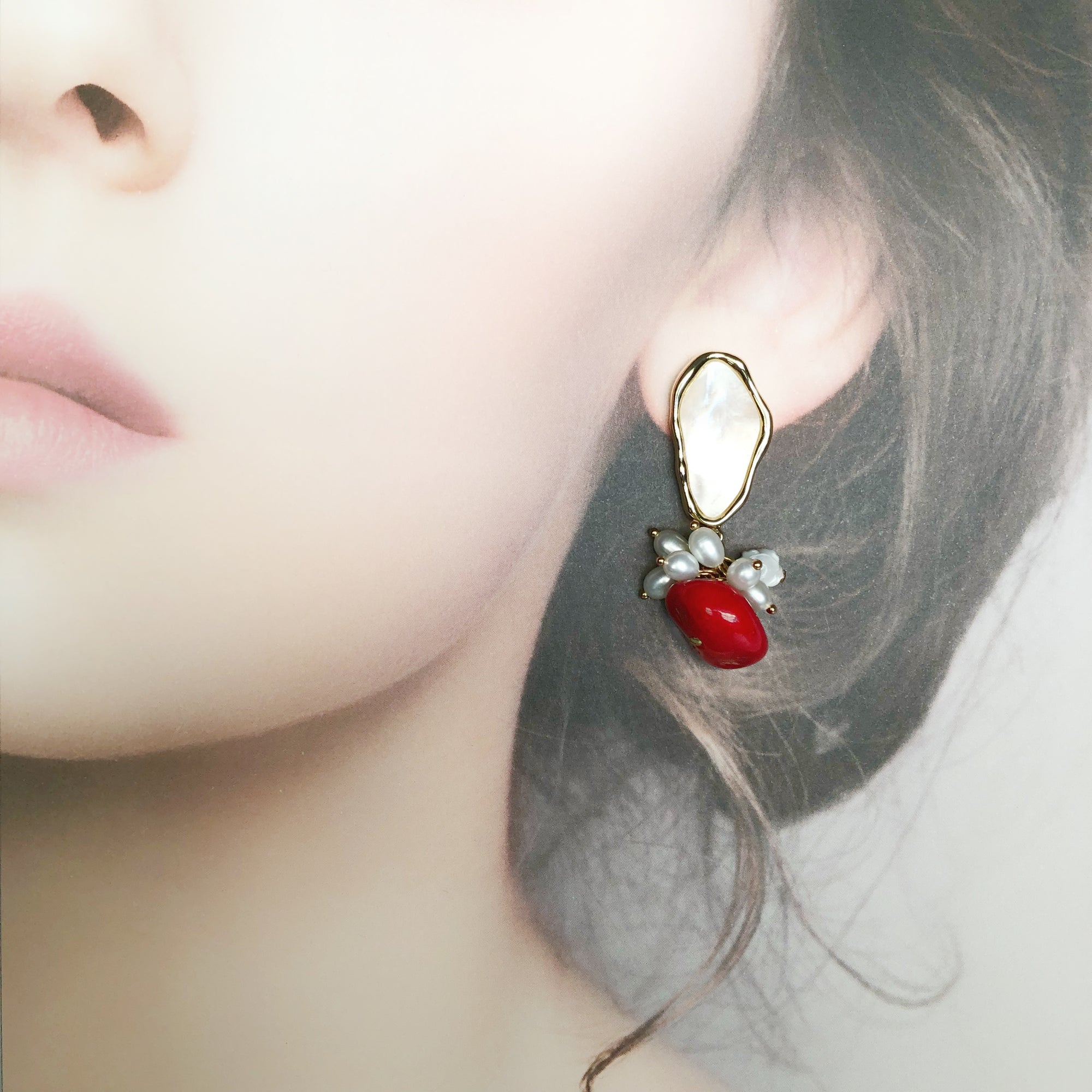 Mother Pearl and Red Coral Cluster Earrings Gold