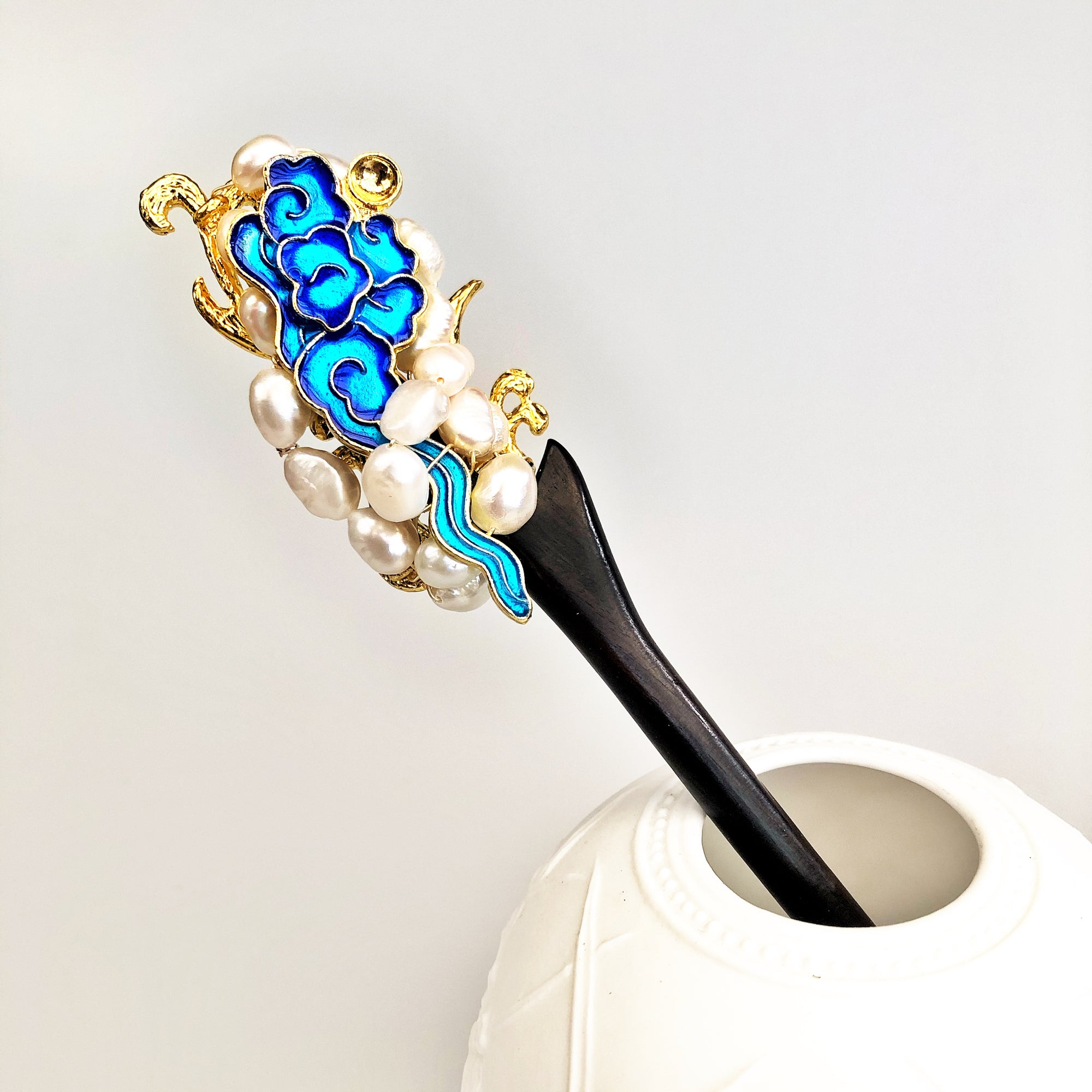 Yun Boutique Auspicious Baroque Pearl Enamel Wood Hair Stick